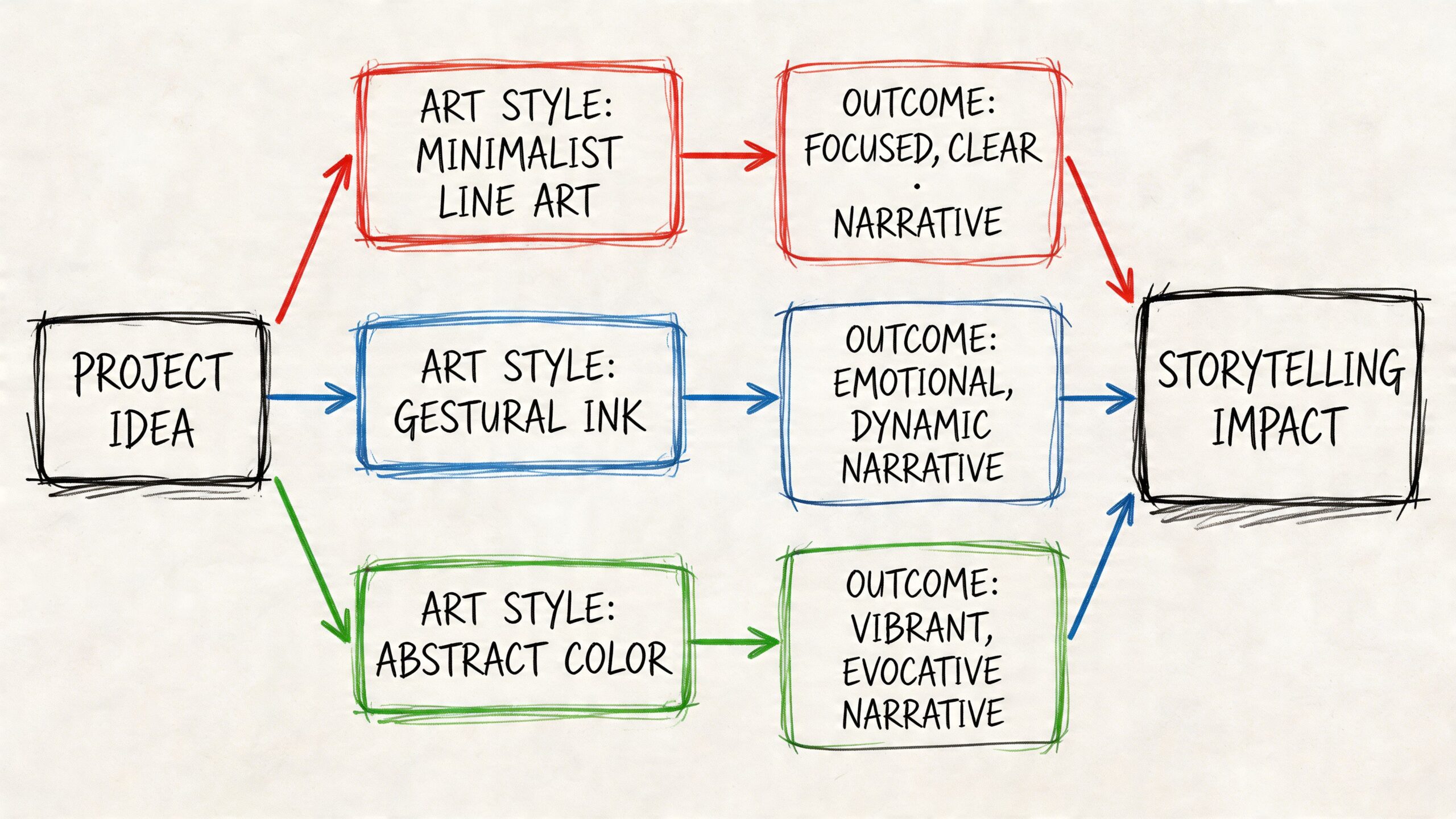 A flowchart diagram illustrating three different comic art styles and their resulting impact on narrative storytelling.
