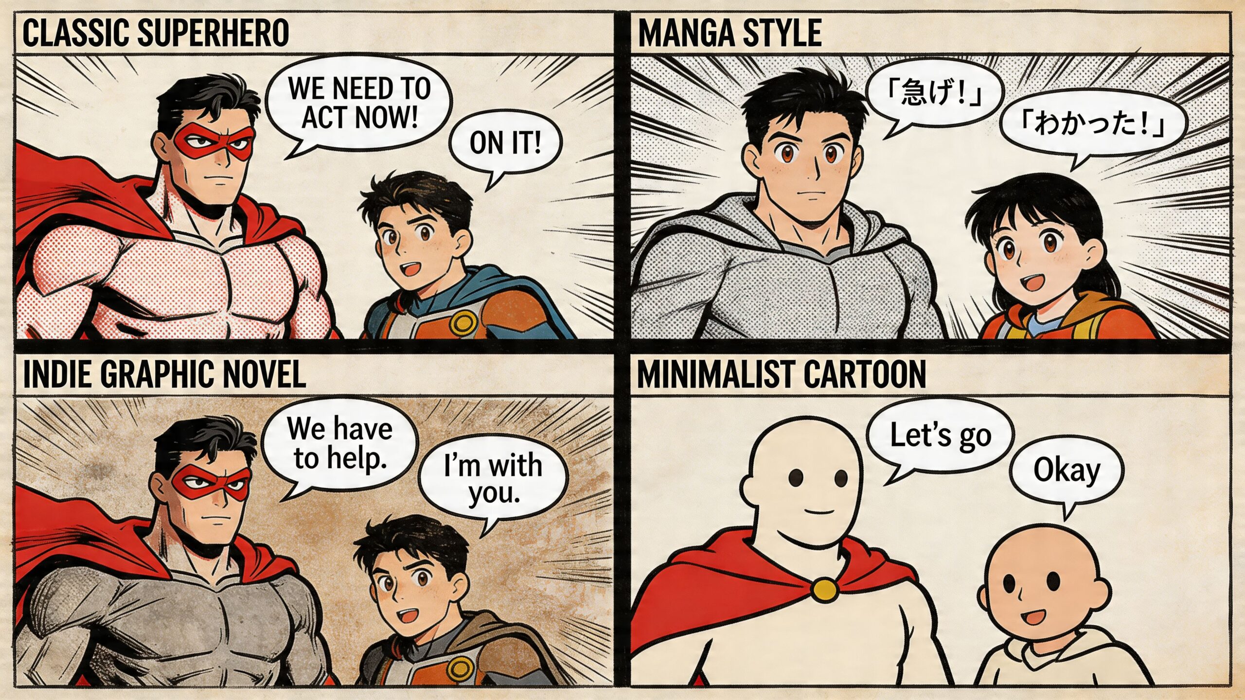 Four different panels illustrating a superhero and sidekick dynamic through various artistic comic book styles.