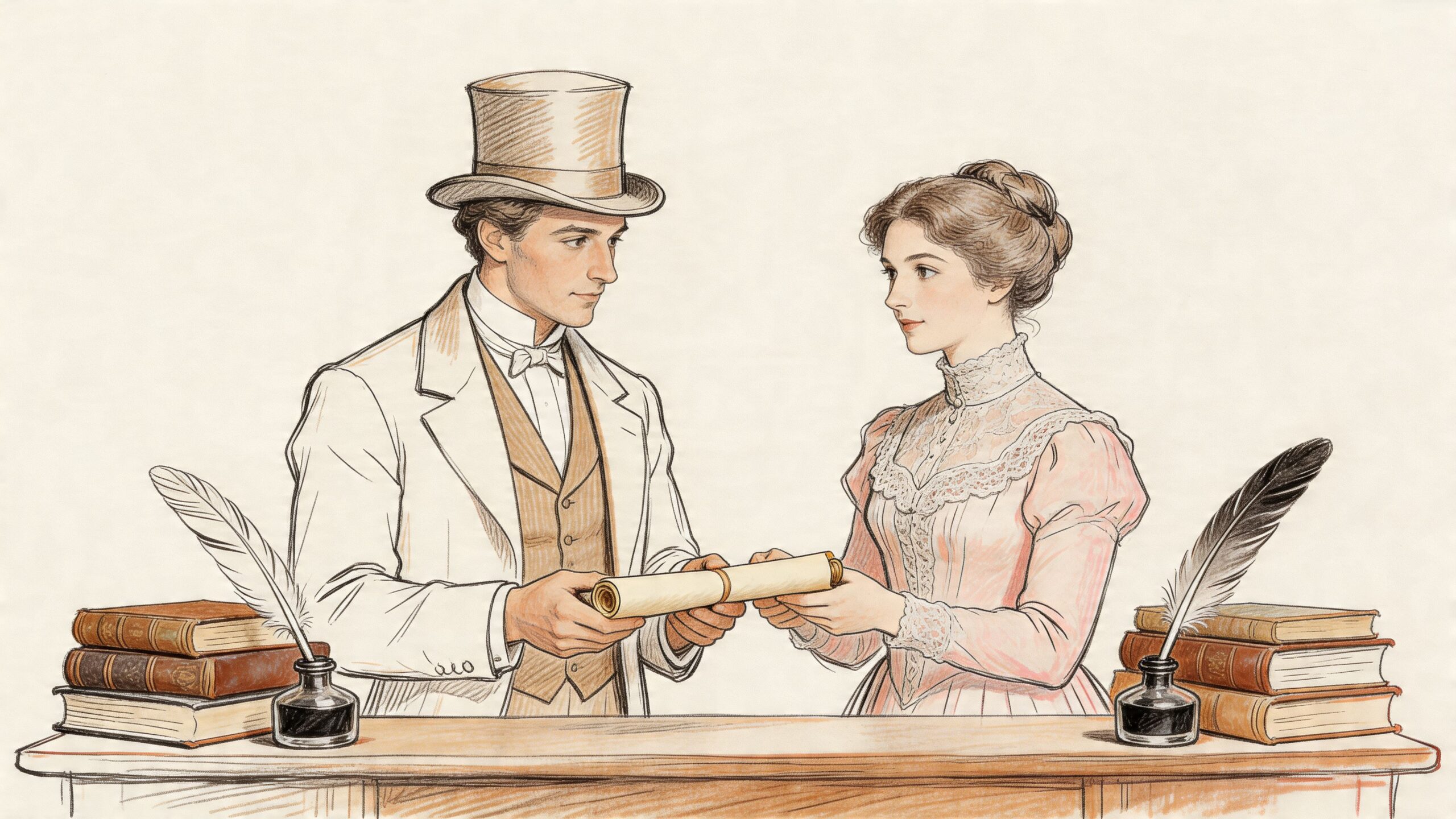 A Victorian-era man and woman dressed in formal attire exchange a paper scroll in an illustration.
