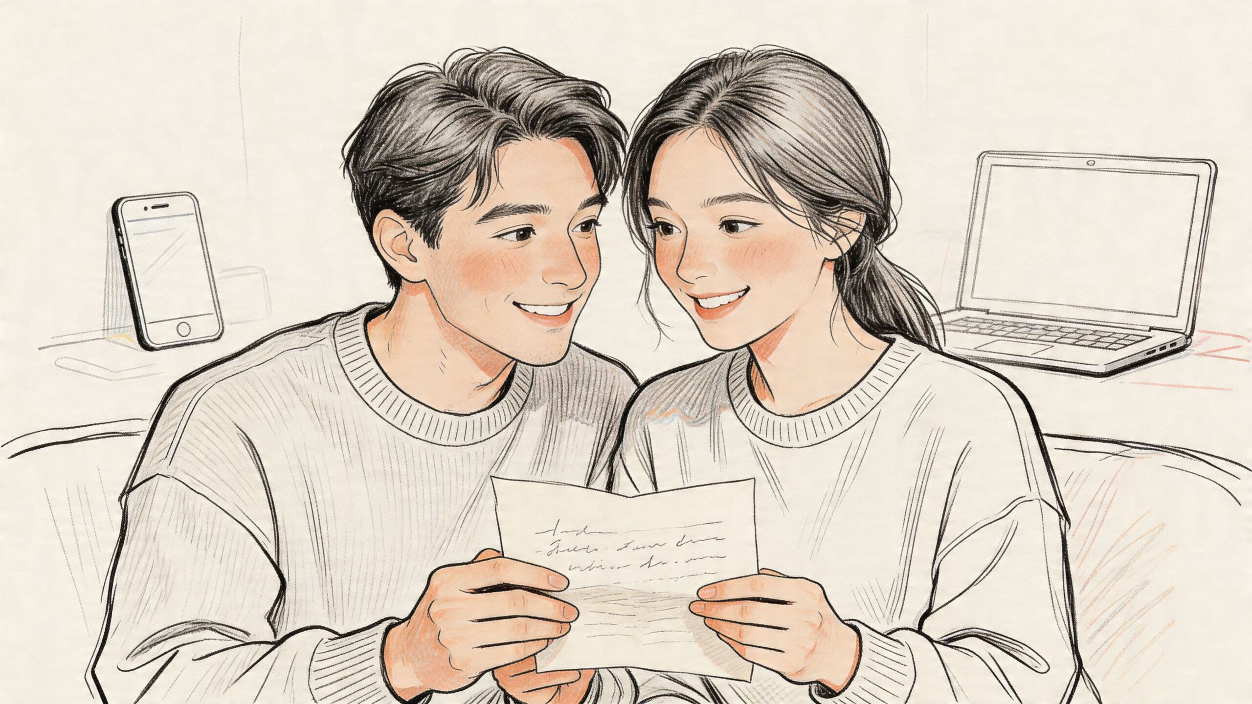 A happy couple smiling while reading a handwritten love letter together in a cozy home setting.