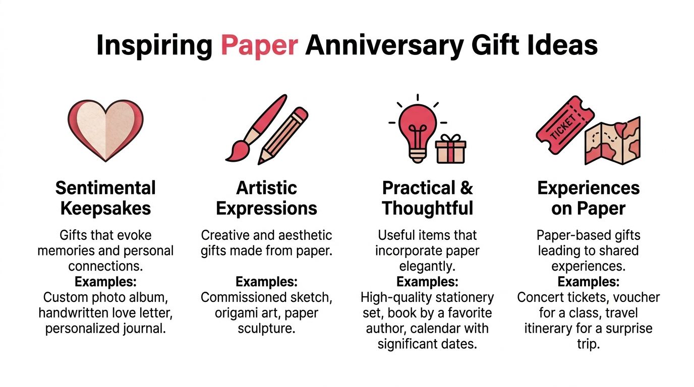 A guide listing creative paper anniversary gift ideas categorized into keepsakes, art, practical gifts, and experiences.