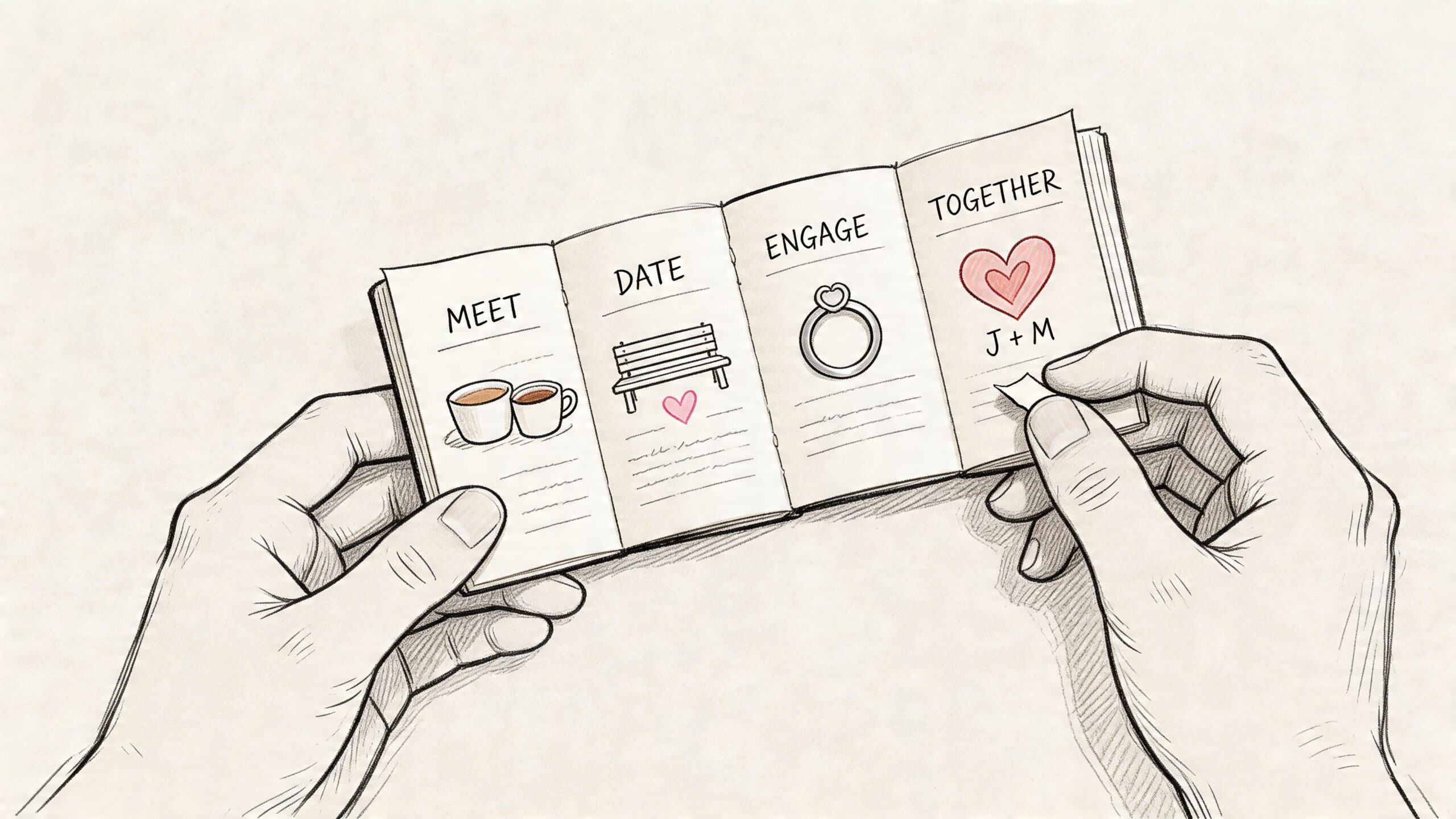 A hand-drawn sketch of a small book held by hands, illustrating relationship milestones from meeting to marriage.