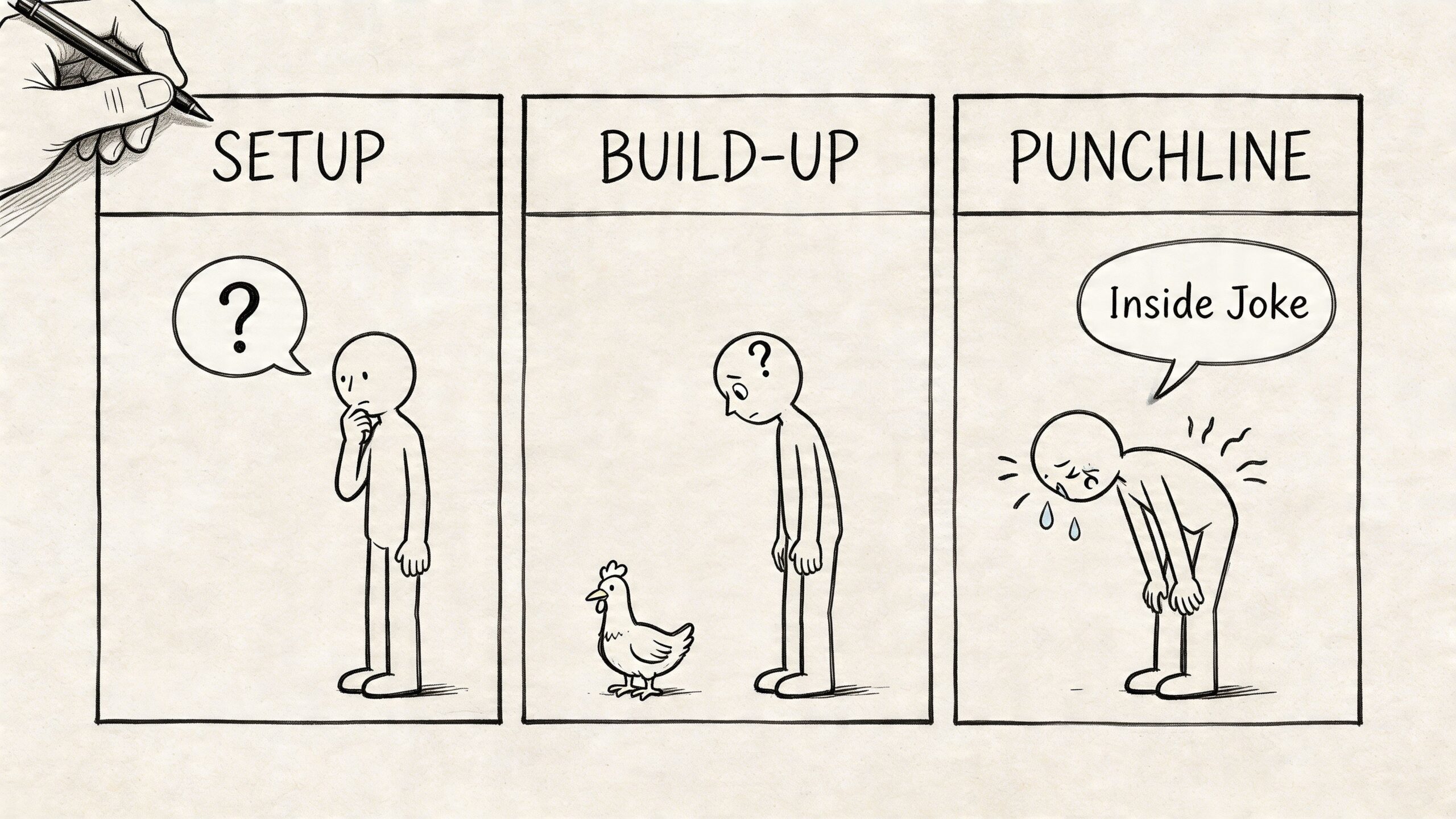A three-panel comic illustration depicting a cartoon person attempting to craft a joke featuring a chicken.