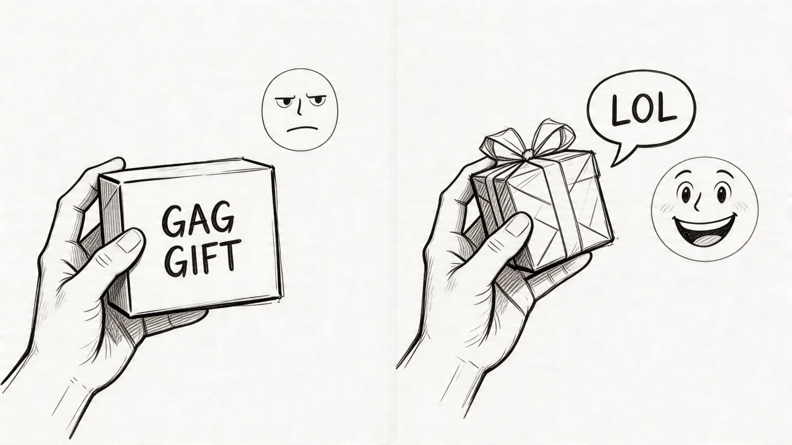 A split image illustration comparing a serious reaction to a gag gift versus a happy laughing reaction.