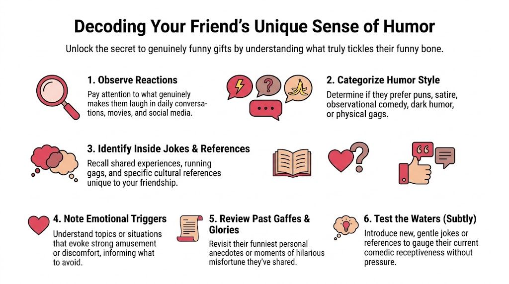 An infographic titled Decoding Your Friend's Unique Sense of Humor providing six tips for selecting funny gifts.