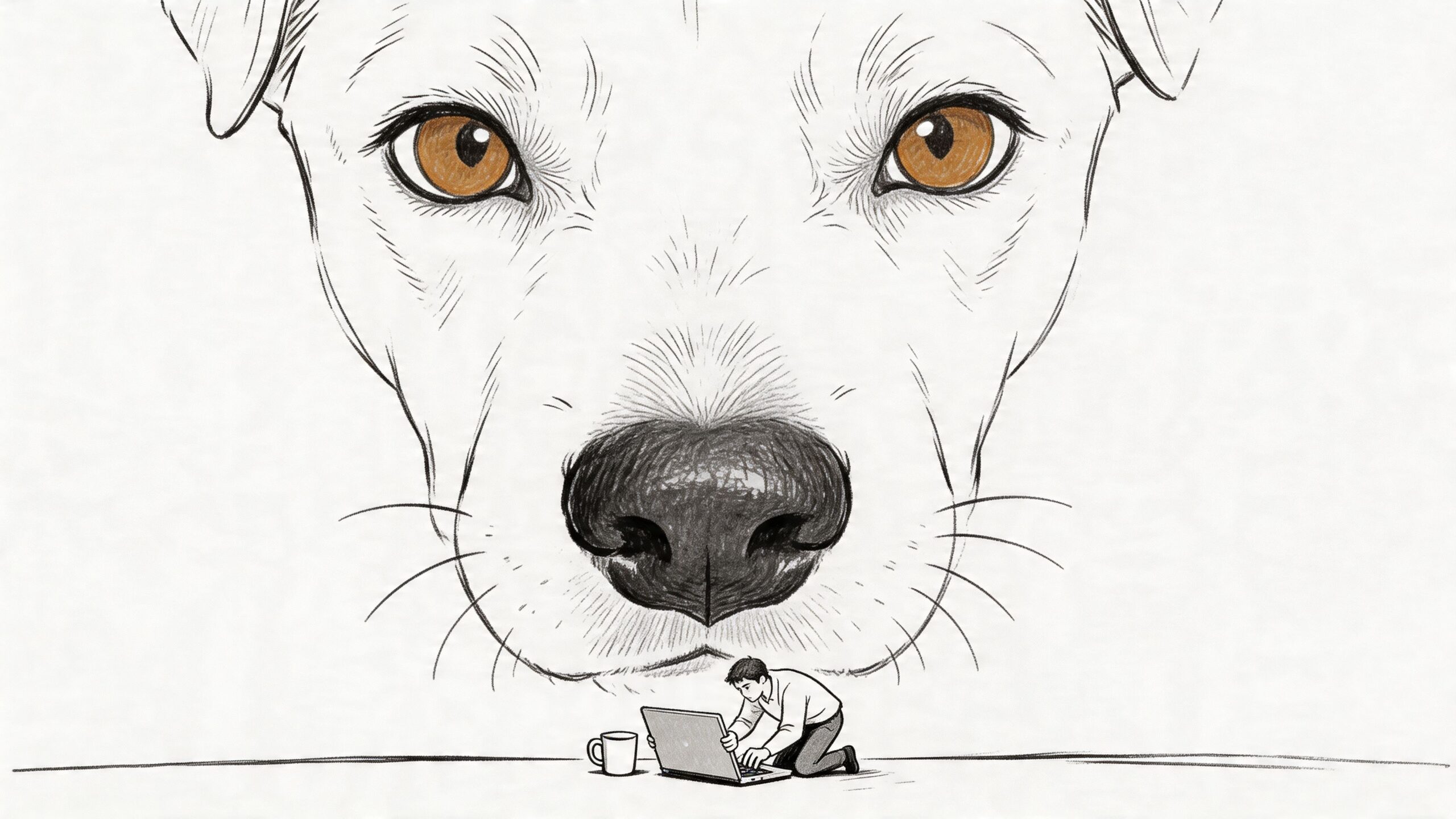 A miniature man works on a laptop under the watchful eyes of a giant, close-up dog face.