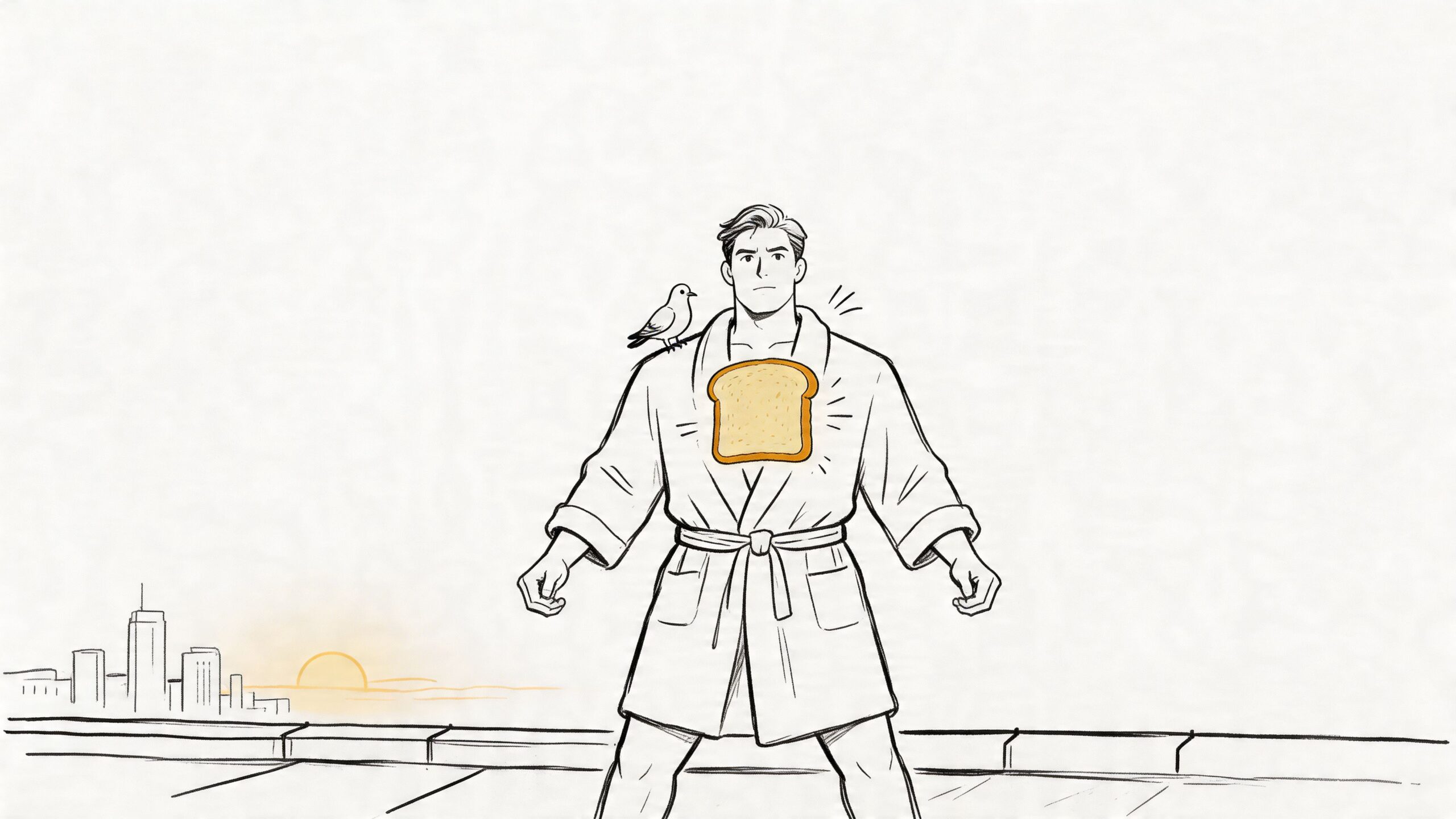 A line art drawing of a man in a bathrobe with a piece of toast on his chest.