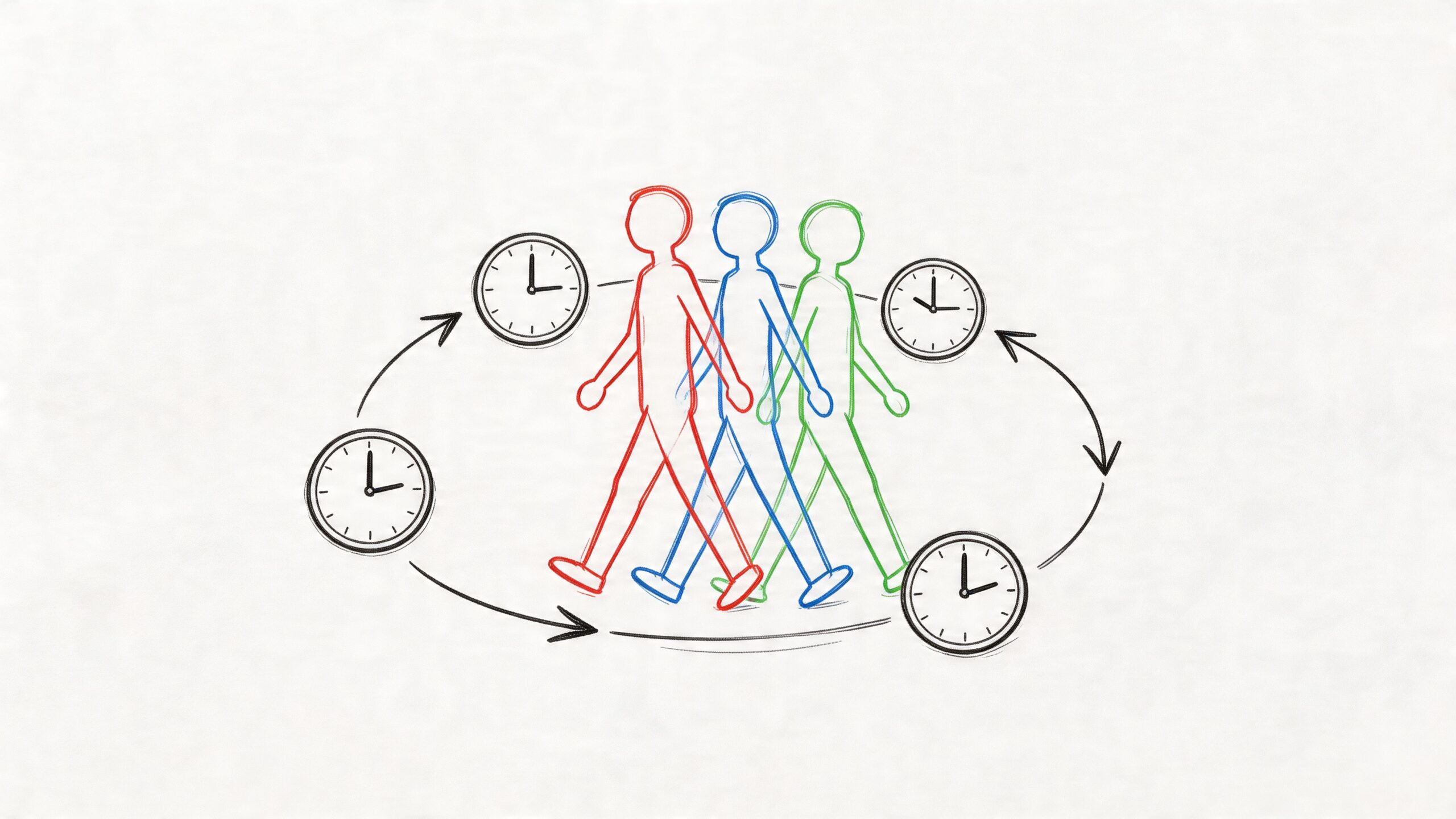 A hand-drawn illustration showing a walking figure moving through a cycle of different times on clocks.