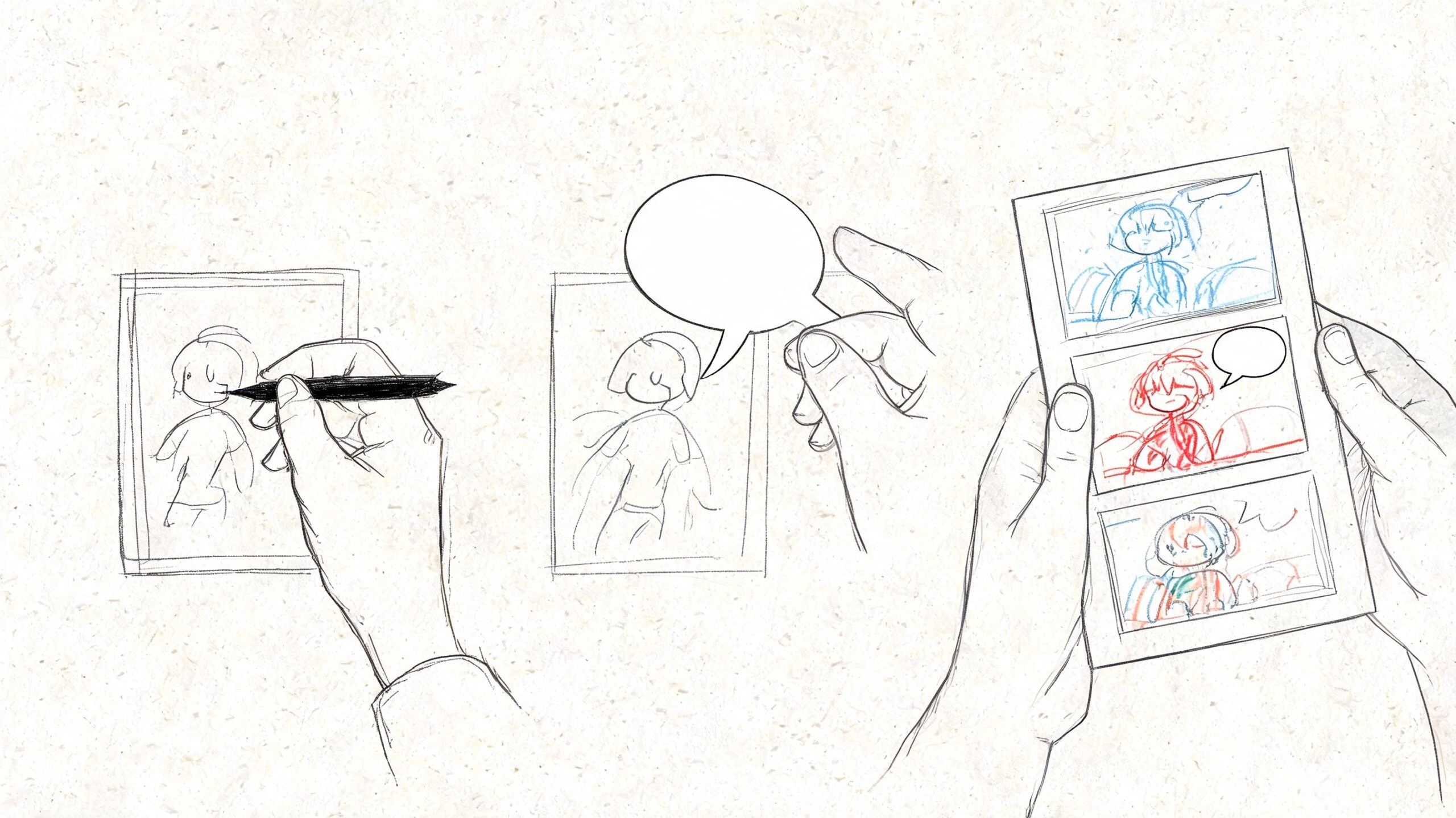 A hand-drawn illustration showing a person sketching comic panels on paper with hands holding art