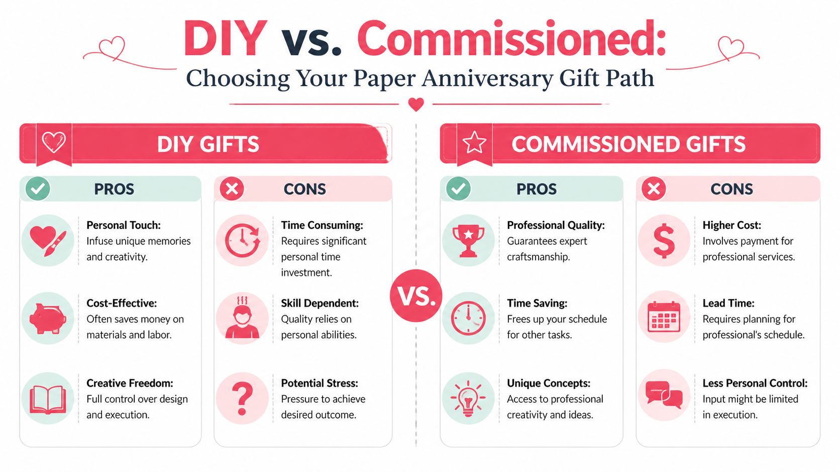 A comparison infographic showing the pros and cons of choosing DIY versus commissioned paper anniversary gifts.