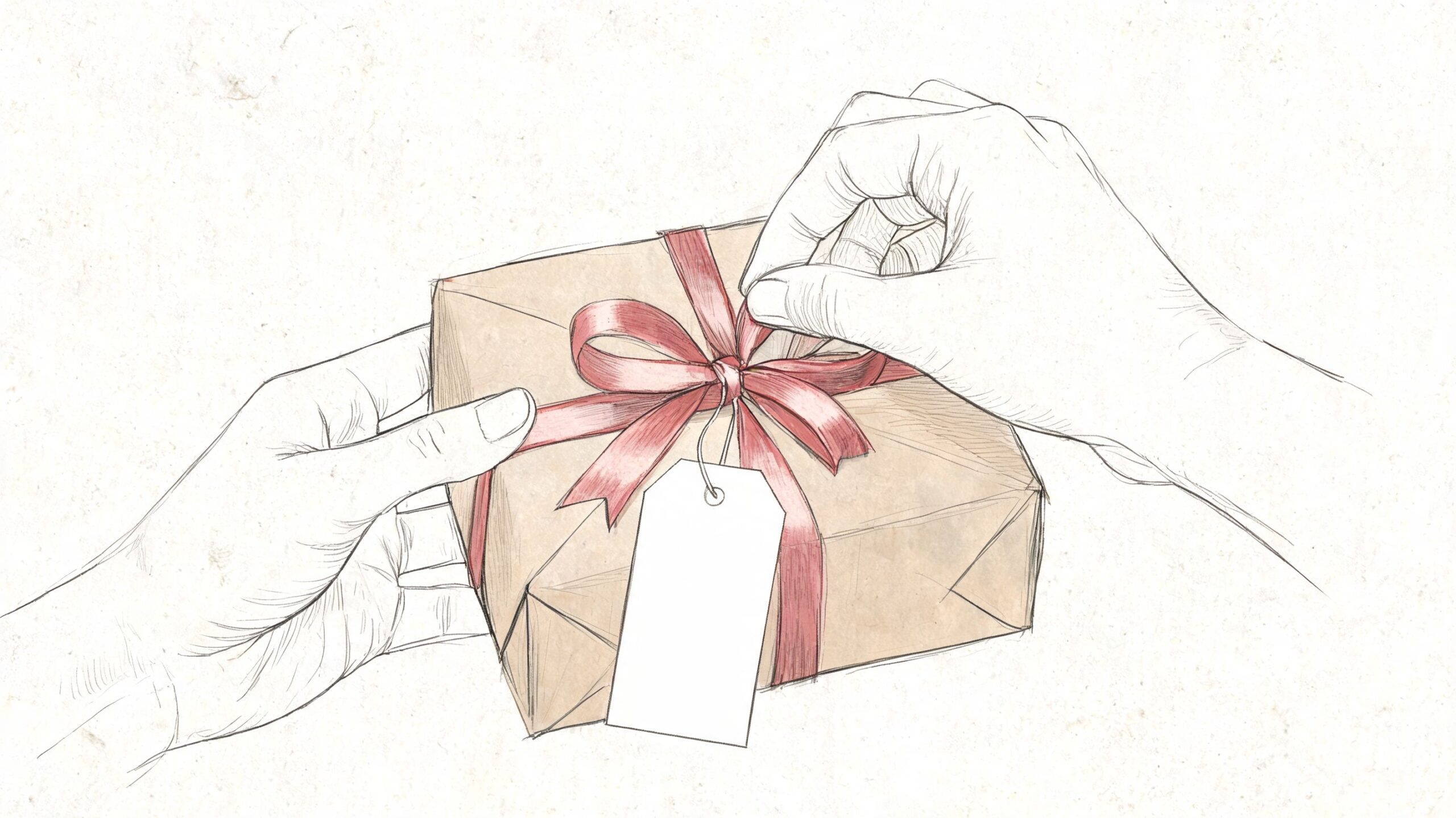 A hand-drawn illustration showing two hands wrapping a gift box with red ribbon and a blank tag.