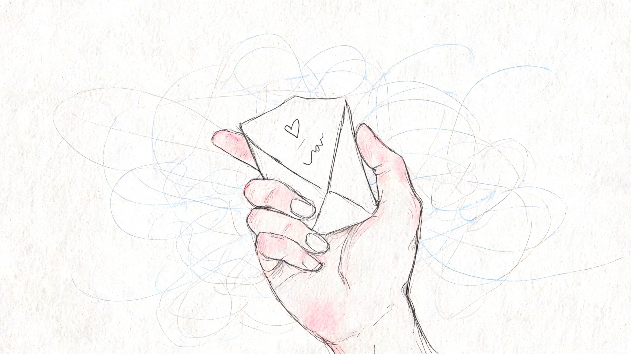 A hand-drawn sketch of a hand holding a small folded paper love note with a heart symbol.
