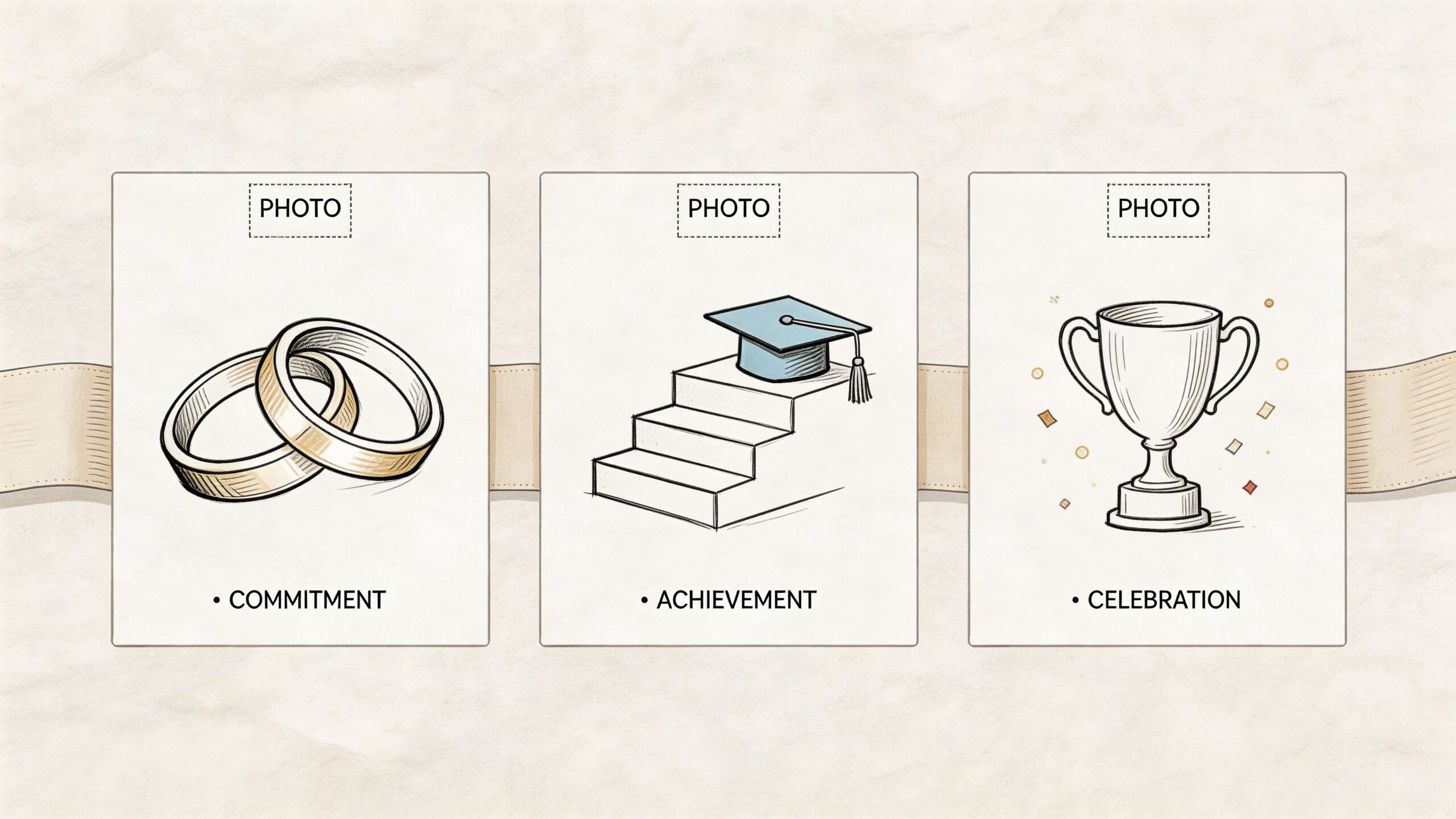 A graphic illustration showing three panels representing commitment with rings, achievement with a graduation cap, and celebration.