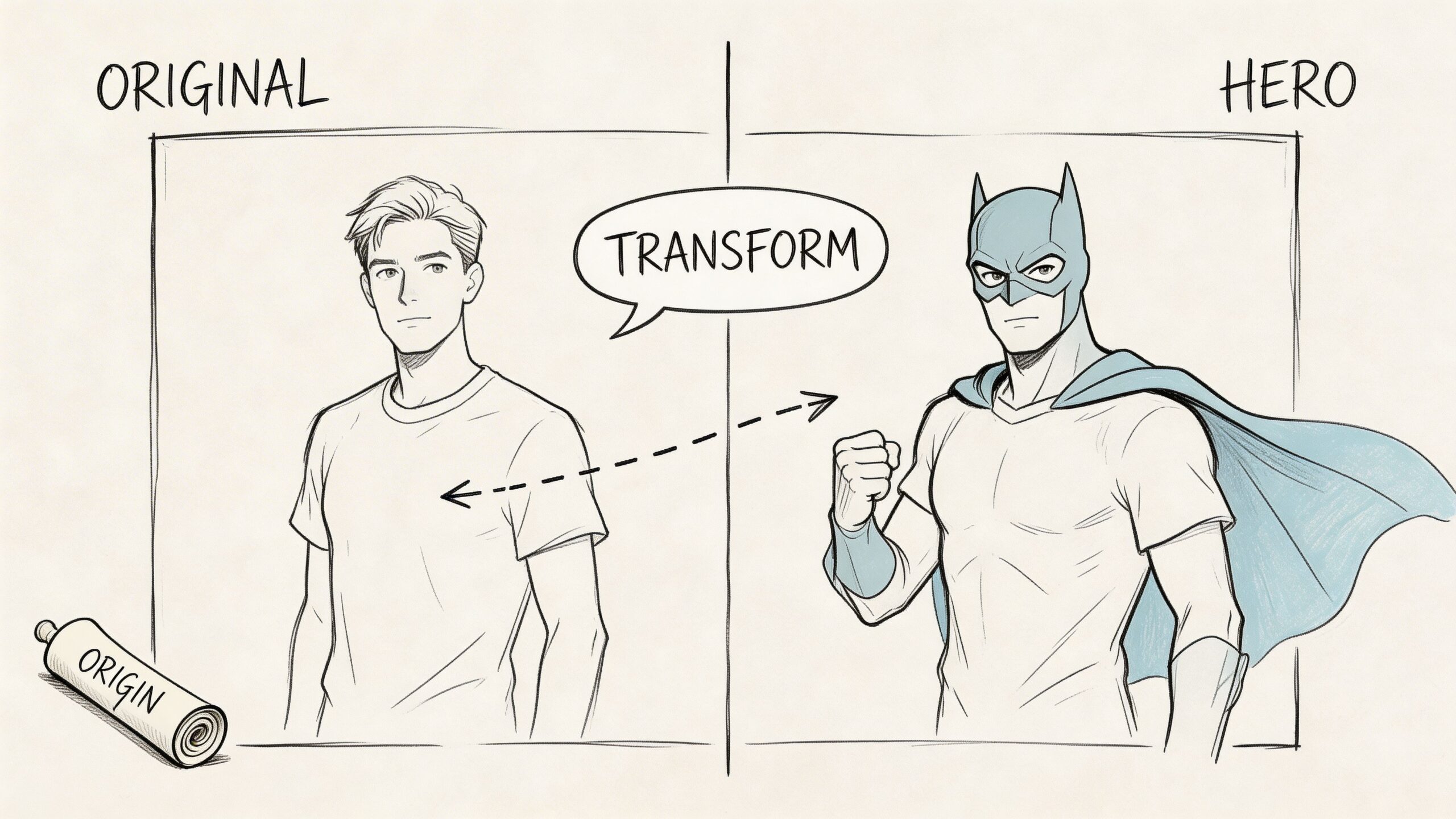 A line art drawing showing a man transforming from his original form into a superhero persona.