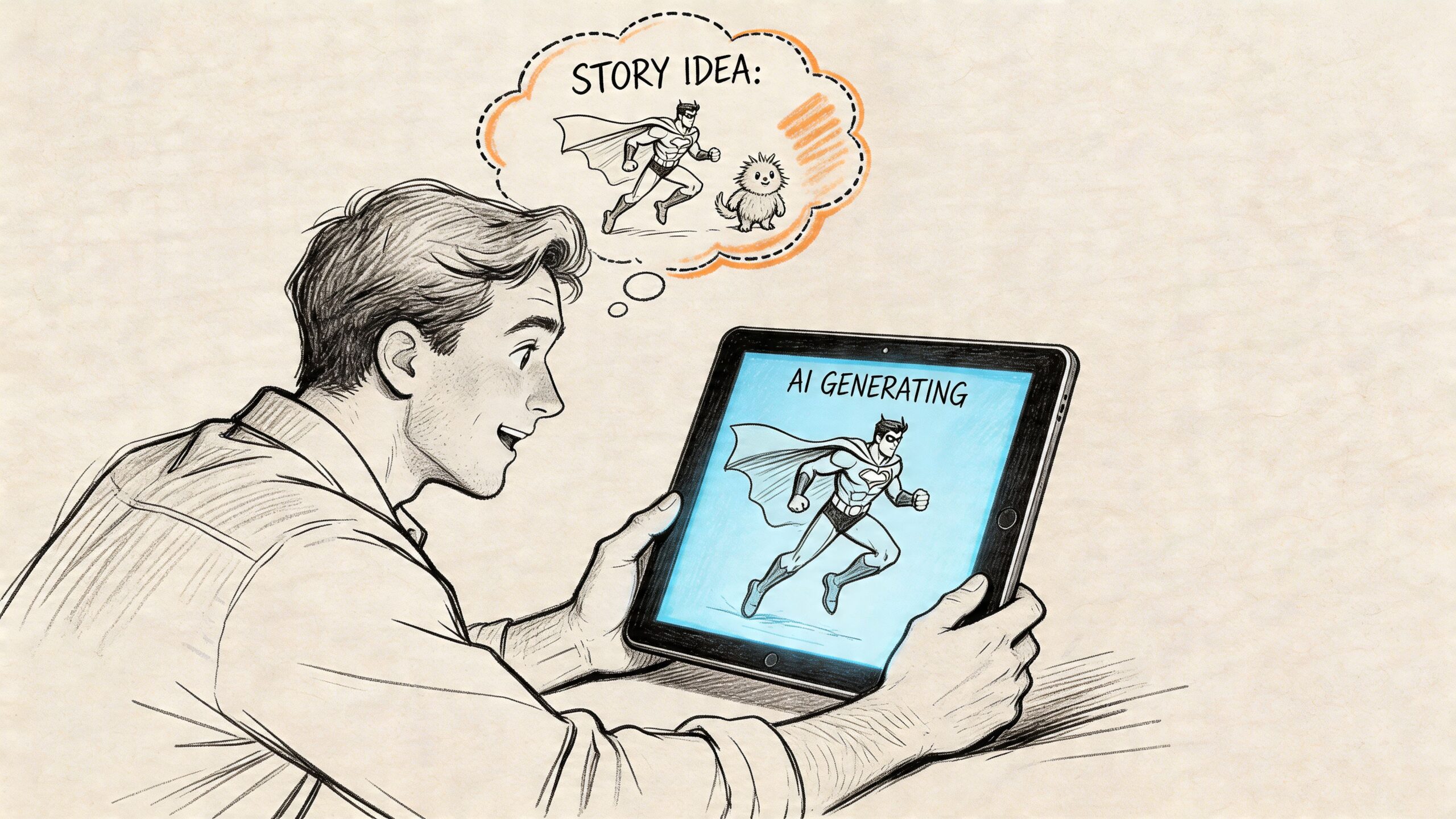 A man looking at a tablet showing an AI generated superhero while imagining a character story.