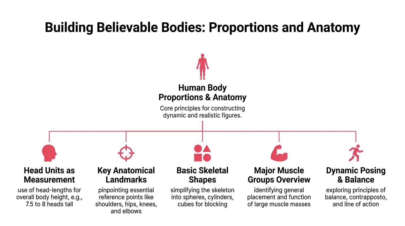 A diagram outlining the core principles of building realistic human body proportions and anatomy for artistic drawing.