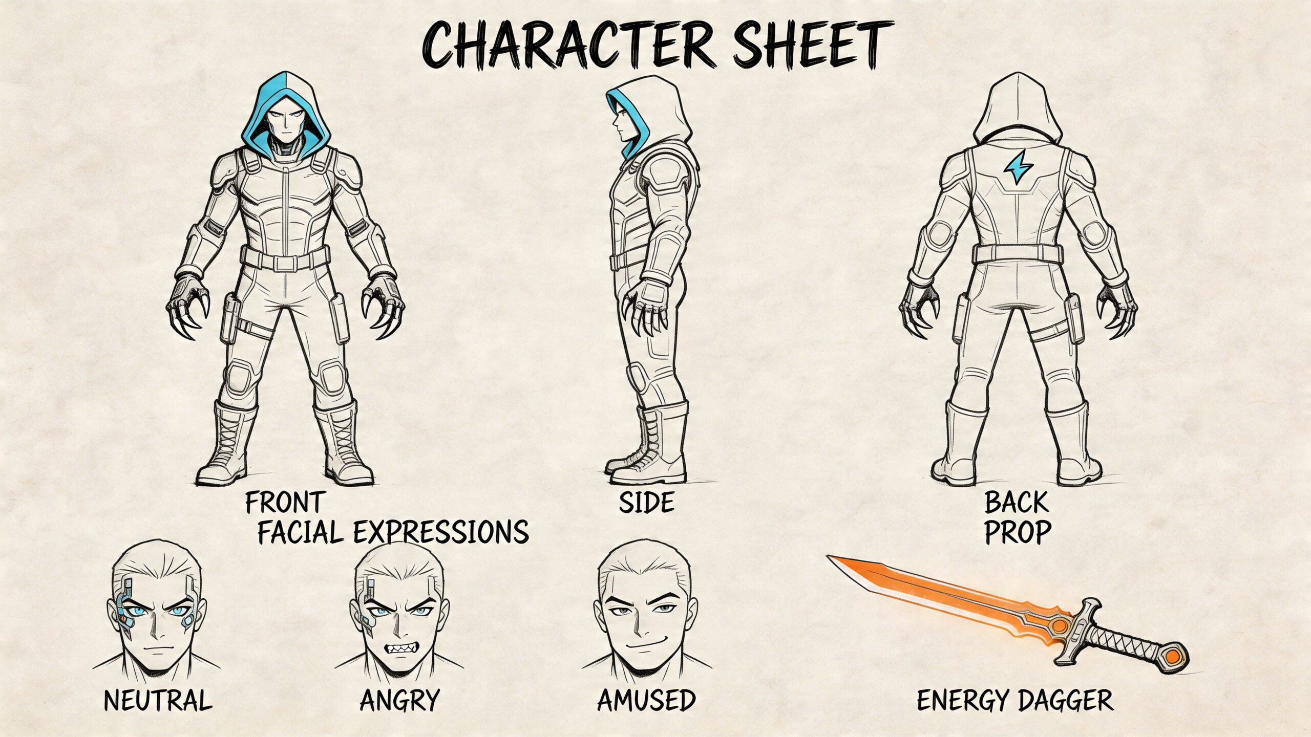 A character sheet displaying front, side, and back views of a hooded superhero with facial expressions and an energy dagger.