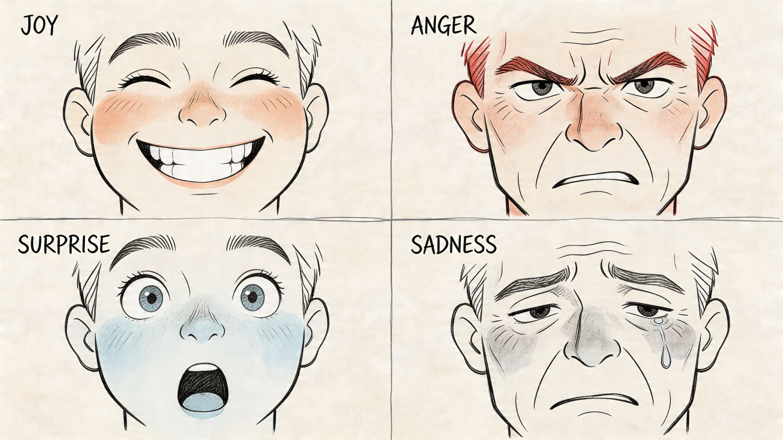 A diagram featuring four facial expressions representing joy, anger, surprise, and sadness drawn in a comic style.