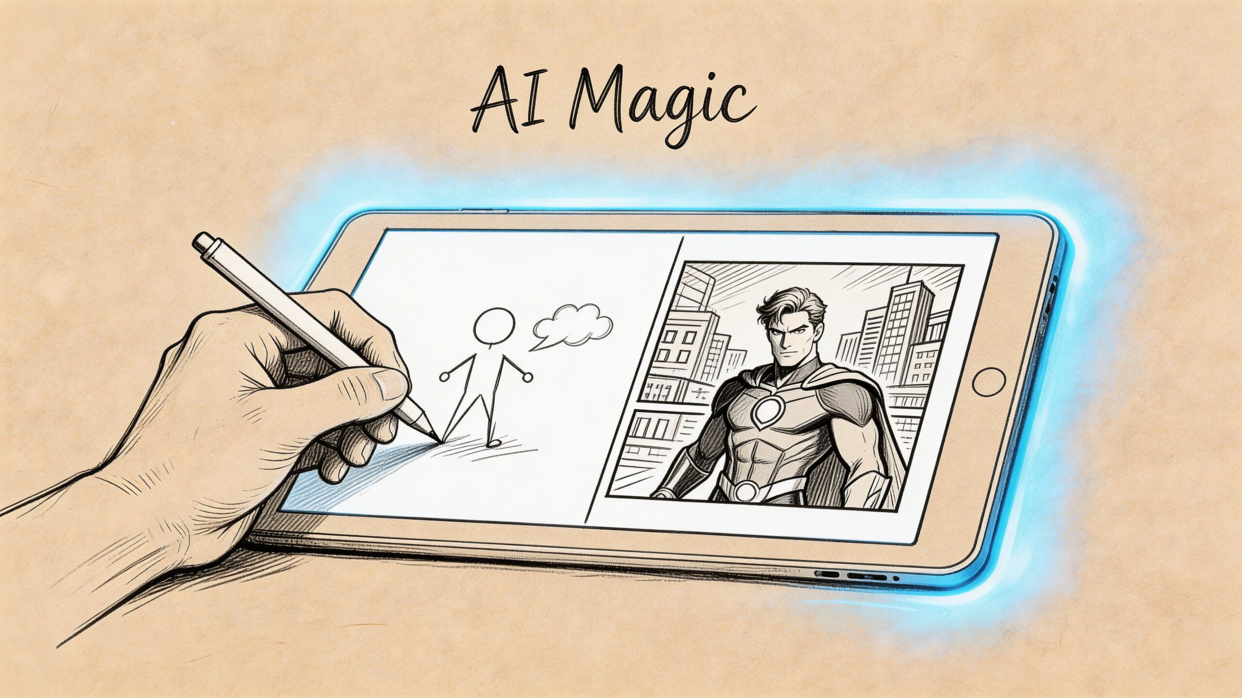 A hand using a digital stylus to draw a superhero sketch on a tablet screen.