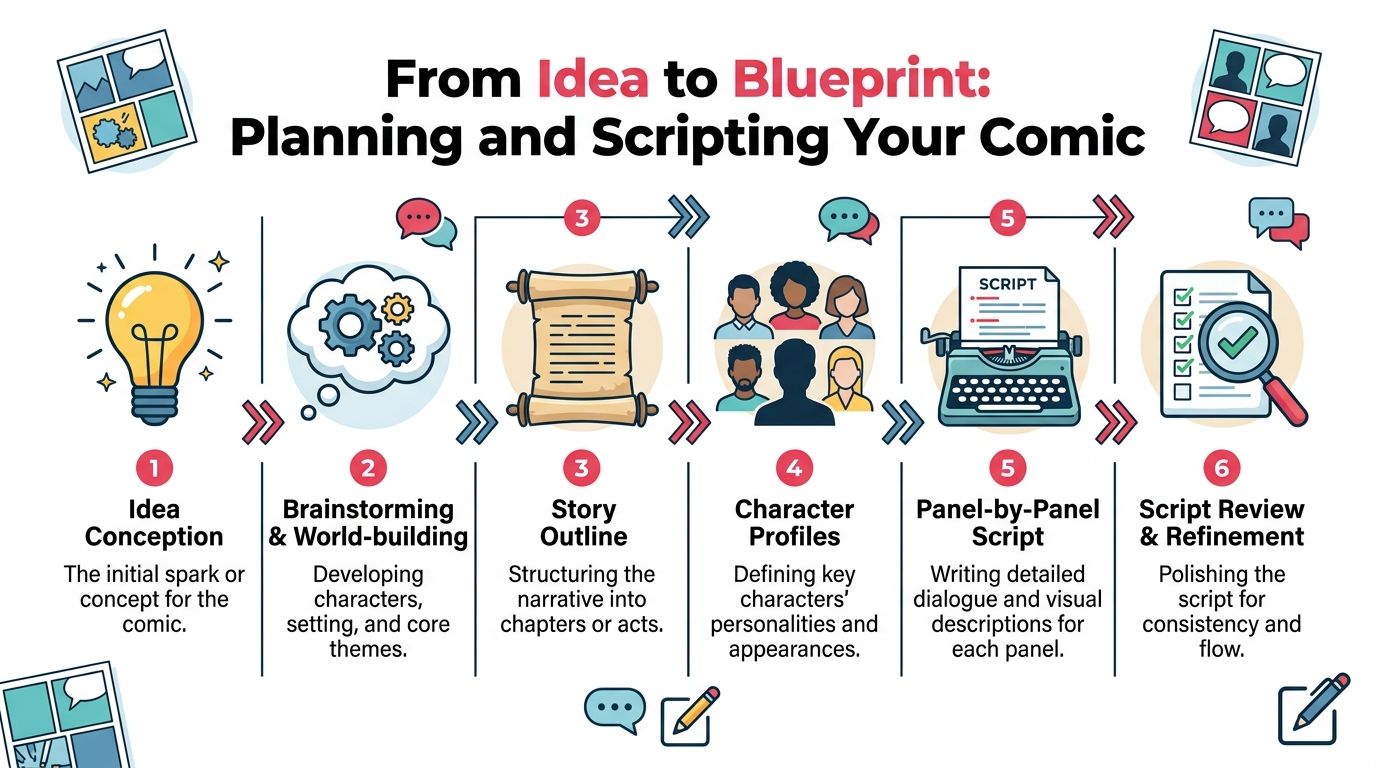An infographic detailing the six steps from initial idea to a completed script for creating a comic.