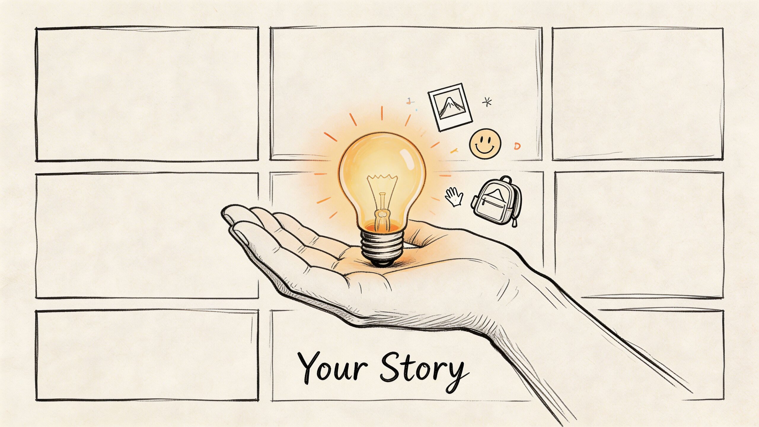 A hand holding a glowing lightbulb illustrated on a storyboard background with icons for your story.