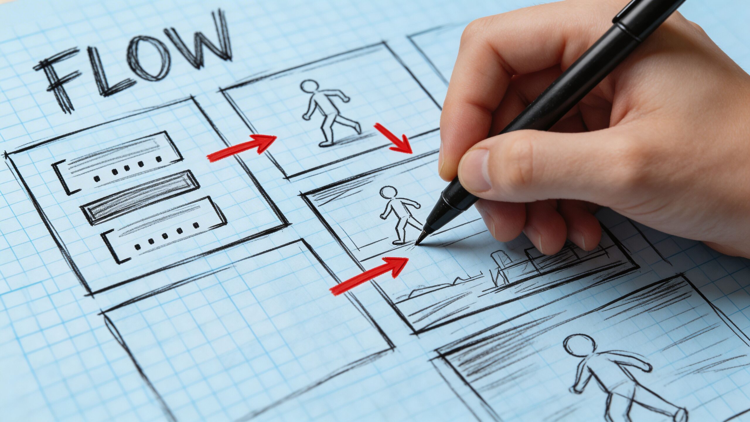 A hand drawing a storyboard sketch on blue grid paper with red arrows indicating the flow of scenes.
