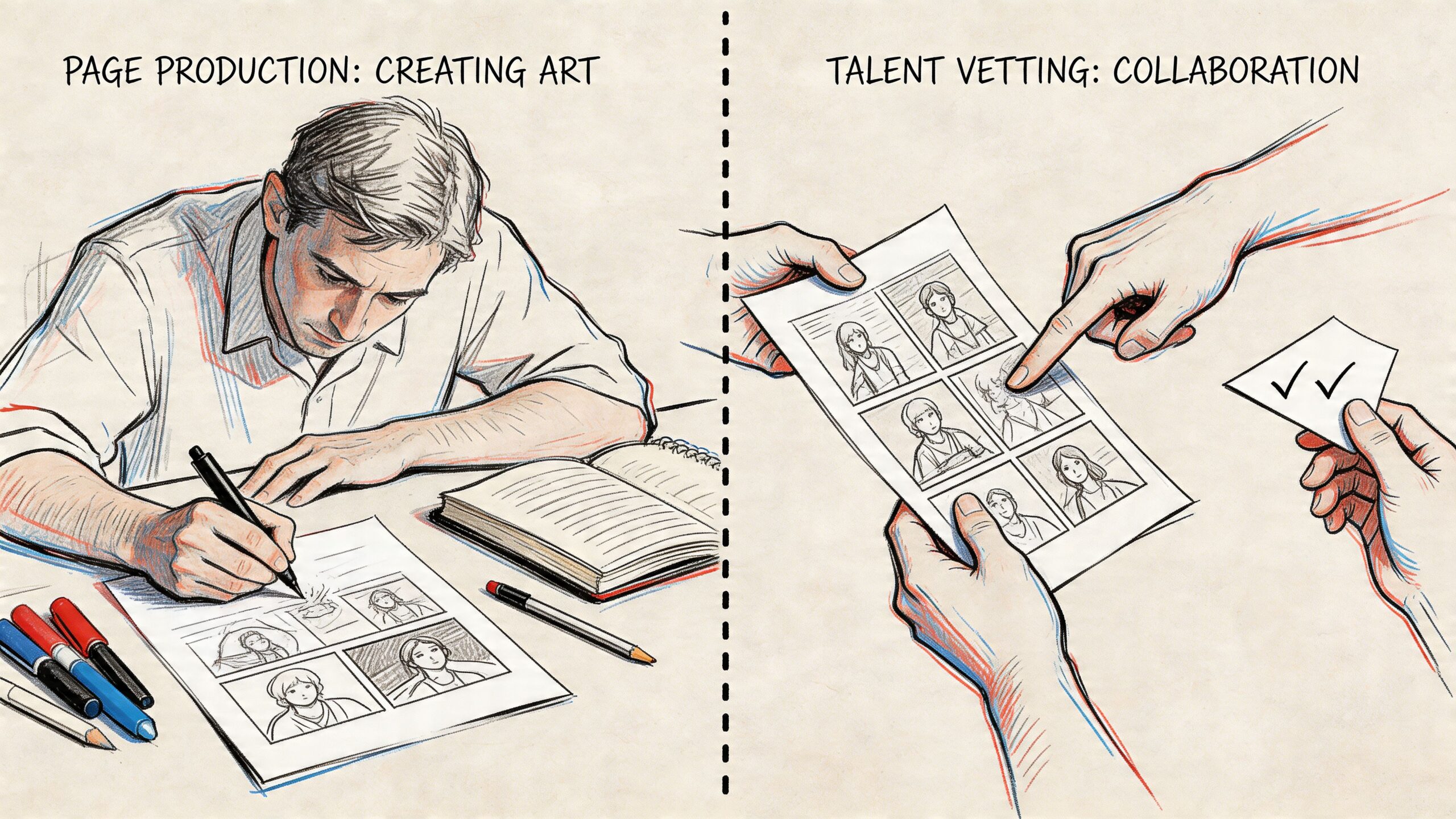 A split-screen illustration showing an artist sketching comic panels and a team vetting a finished story page.