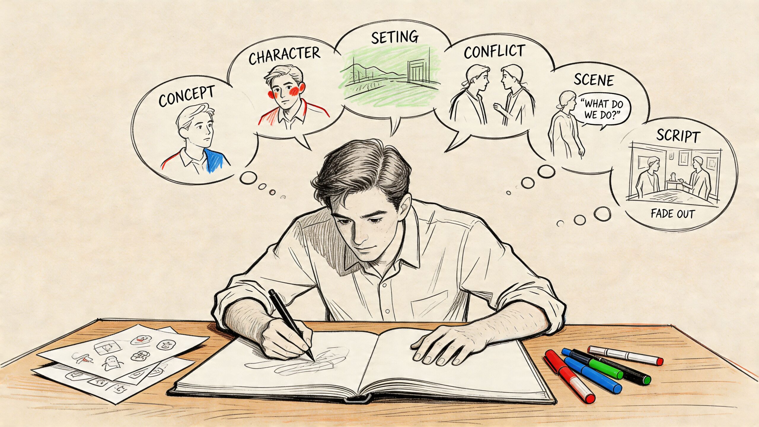 A young artist sketches in a notebook while brainstorming creative story elements like characters, setting, and scripts.