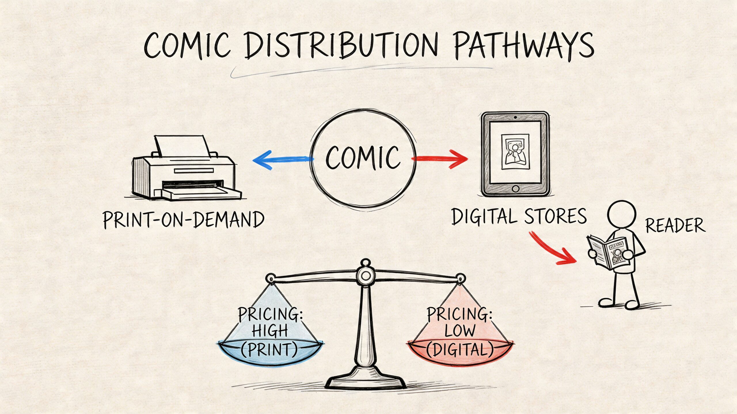 A hand-drawn diagram illustrating comic distribution pathways comparing print-on-demand and digital stores with their respective pricing models.