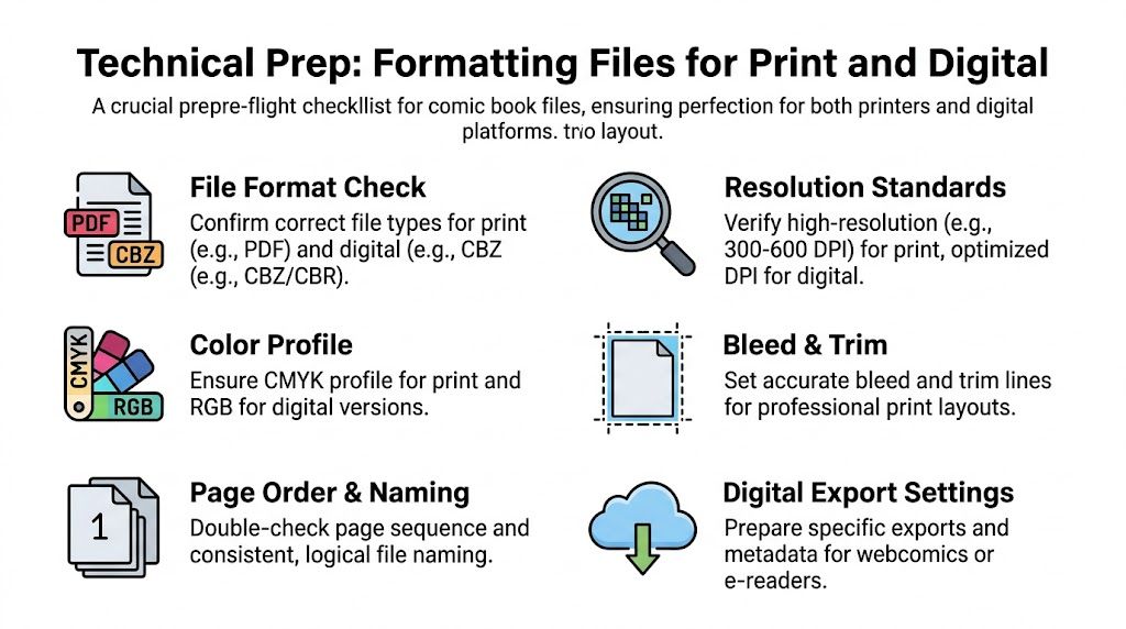 A technical checklist for formatting comic book files for print and digital publication success.