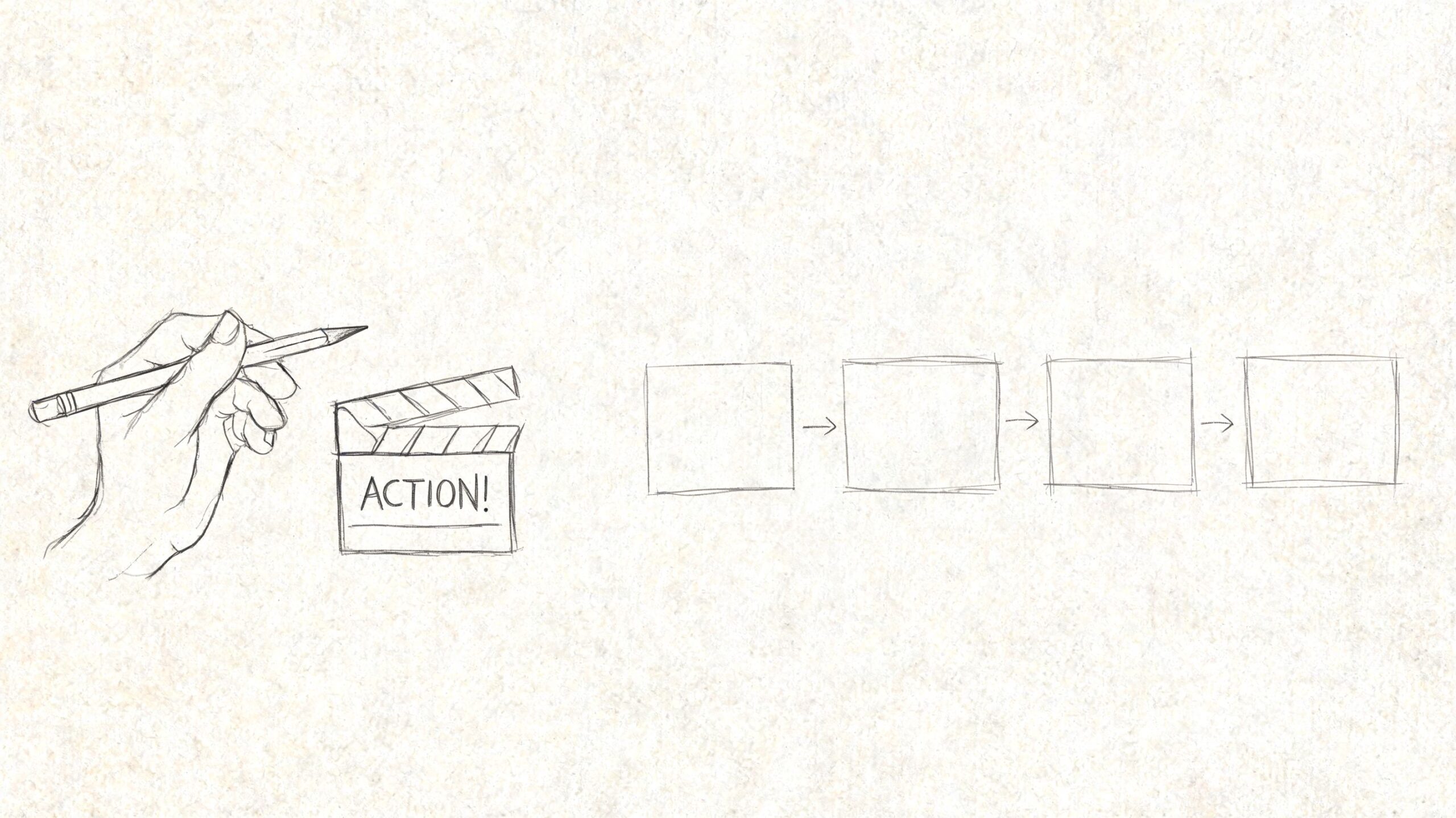 A hand drawing a clapboard with Action written on it next to a four panel comic sequence.