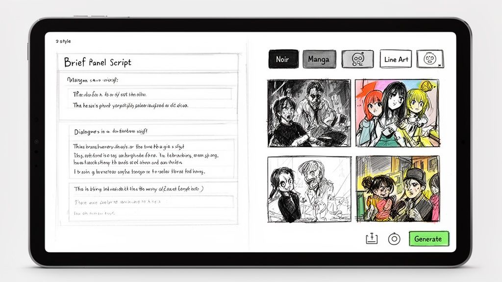 A tablet app for creating comics, showing script input, style selection, and generated comic panels.