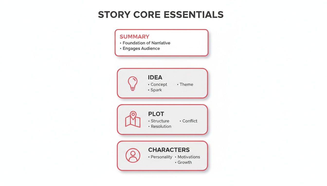 Infographic outlining story core essentials: summary, idea, plot, and characters with key components.