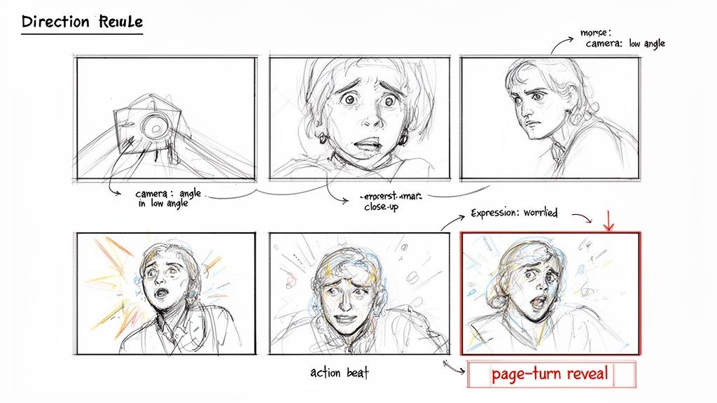 Storyboard panels illustrating character expressions, camera angles, and shot types for visual storytelling.