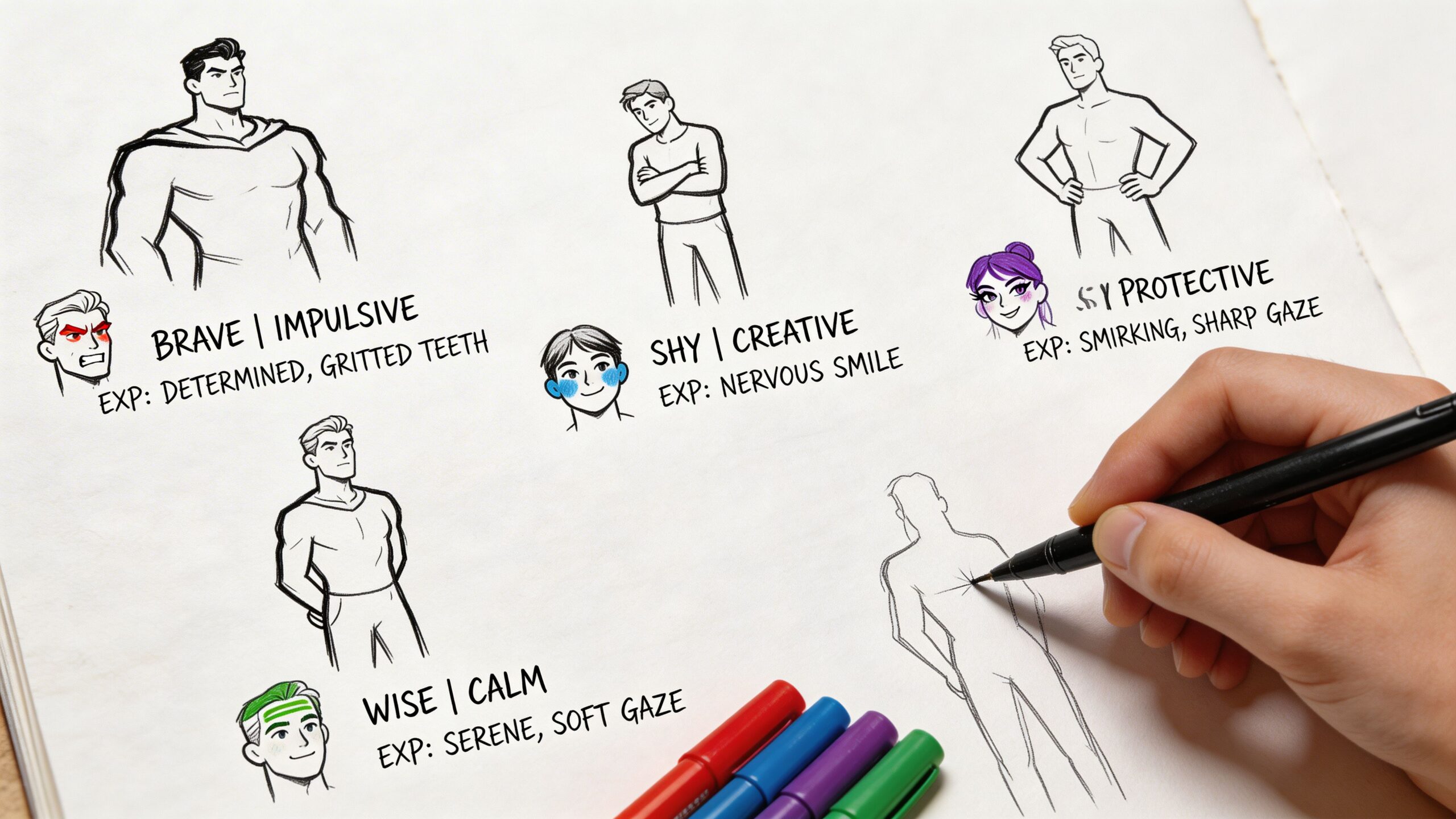 A sketchbook page displaying several character concept sketches with descriptive labels, personality traits, and facial expressions.