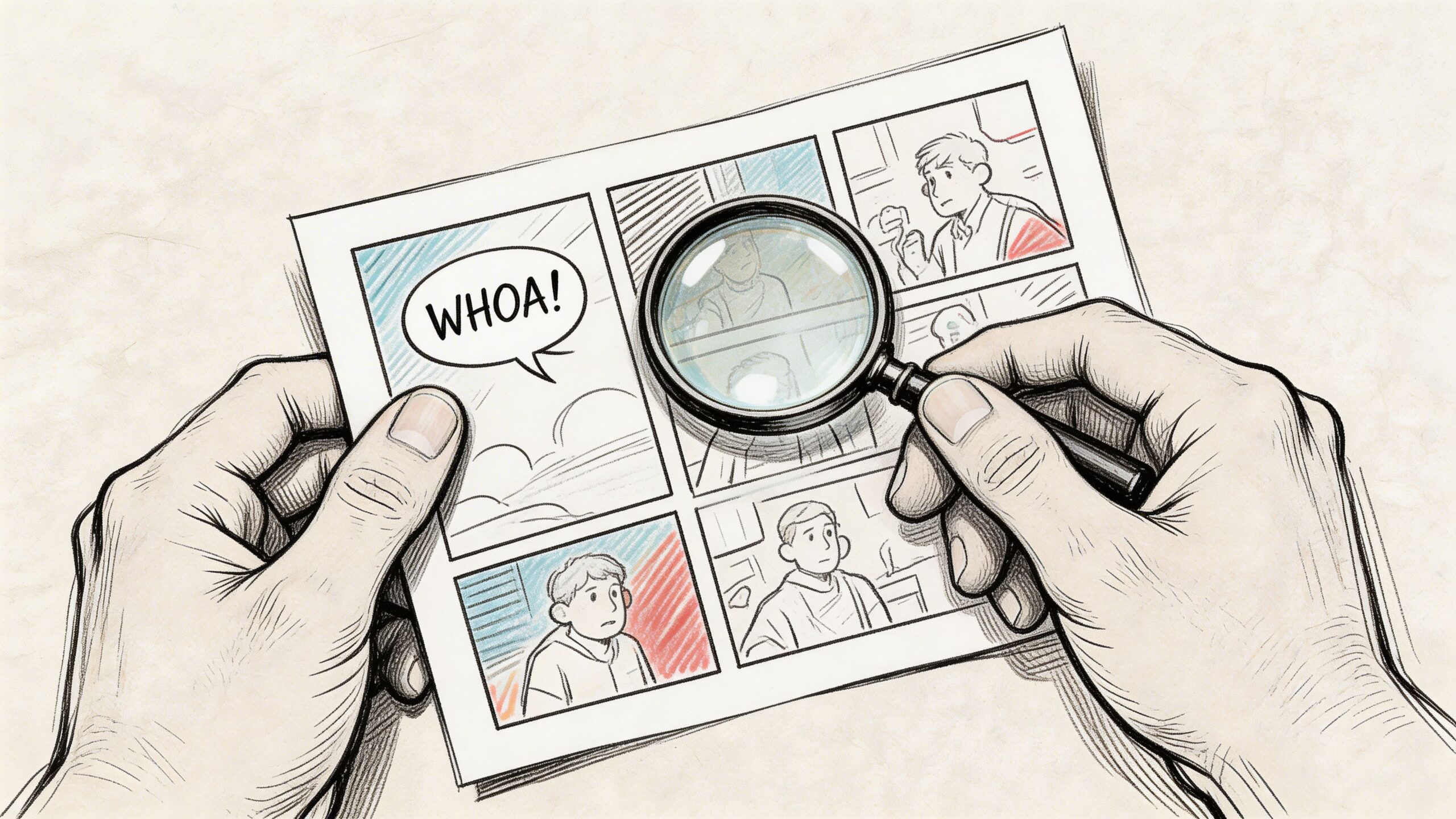 A close-up view of hands holding a comic strip paper and inspecting a panel with a magnifying glass.
