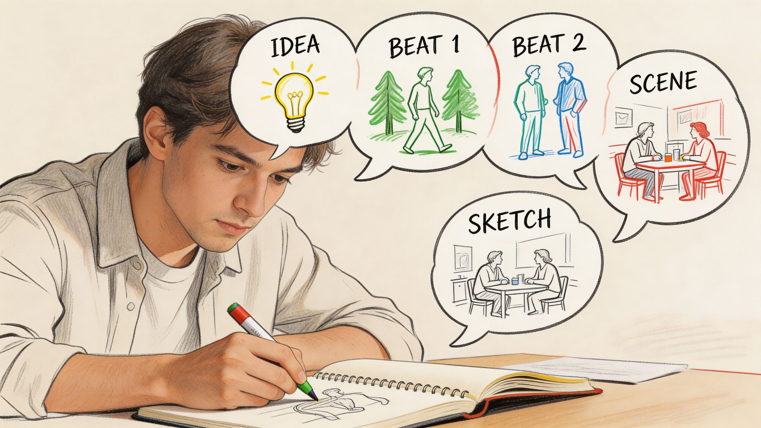 A young man sketching in a notebook with thought bubbles illustrating a creative story development process.