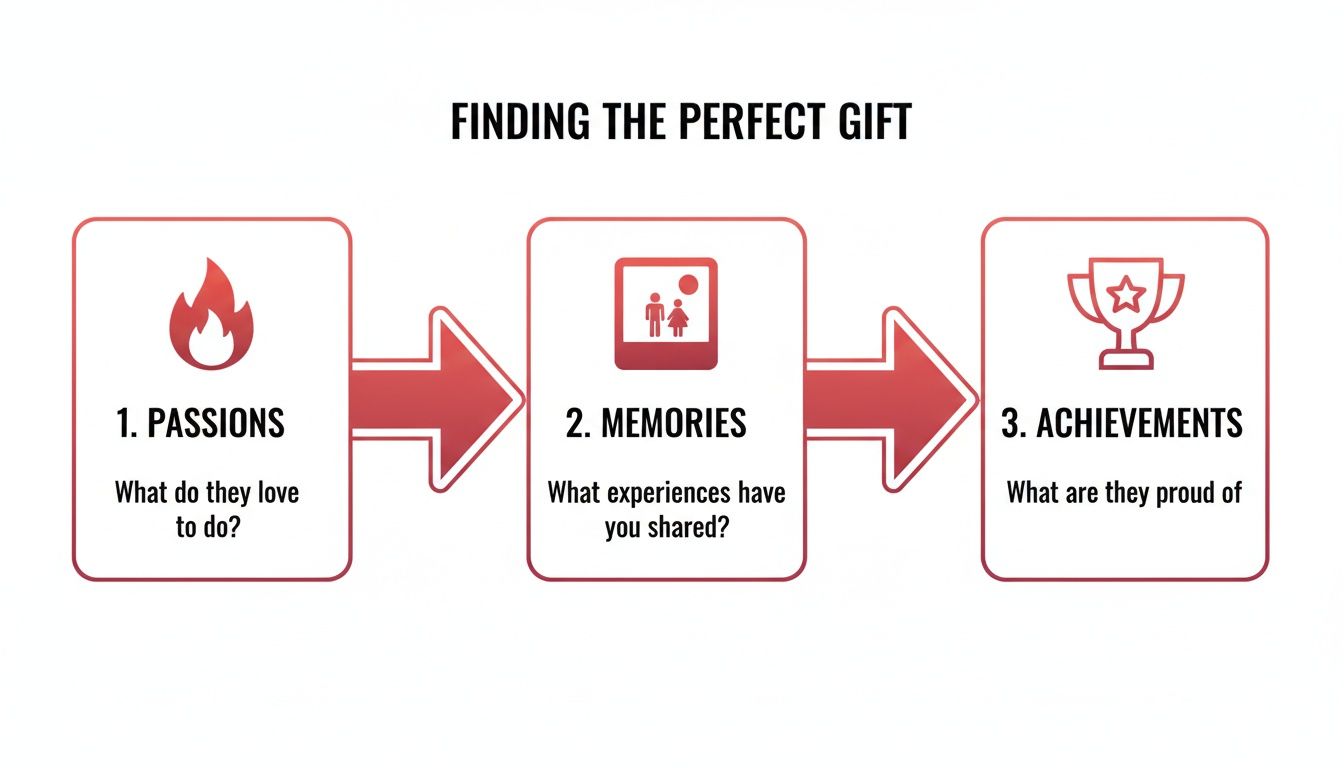 A flowchart detailing steps to find the perfect gift: considering passions, shared memories, and achievements.