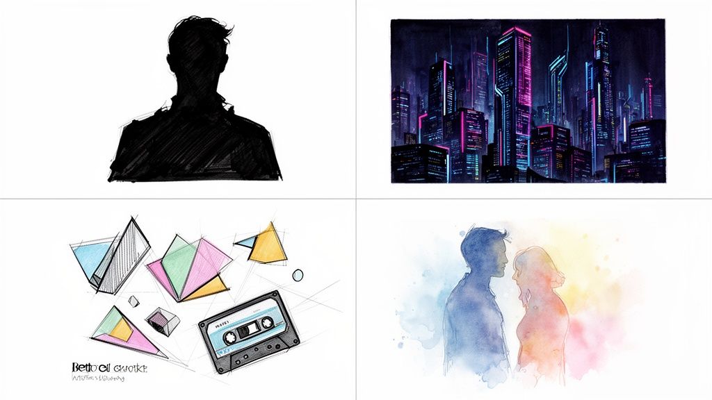 Four distinct artistic illustrations: a man's silhouette, a neon cityscape, geometric shapes, and a watercolor couple.