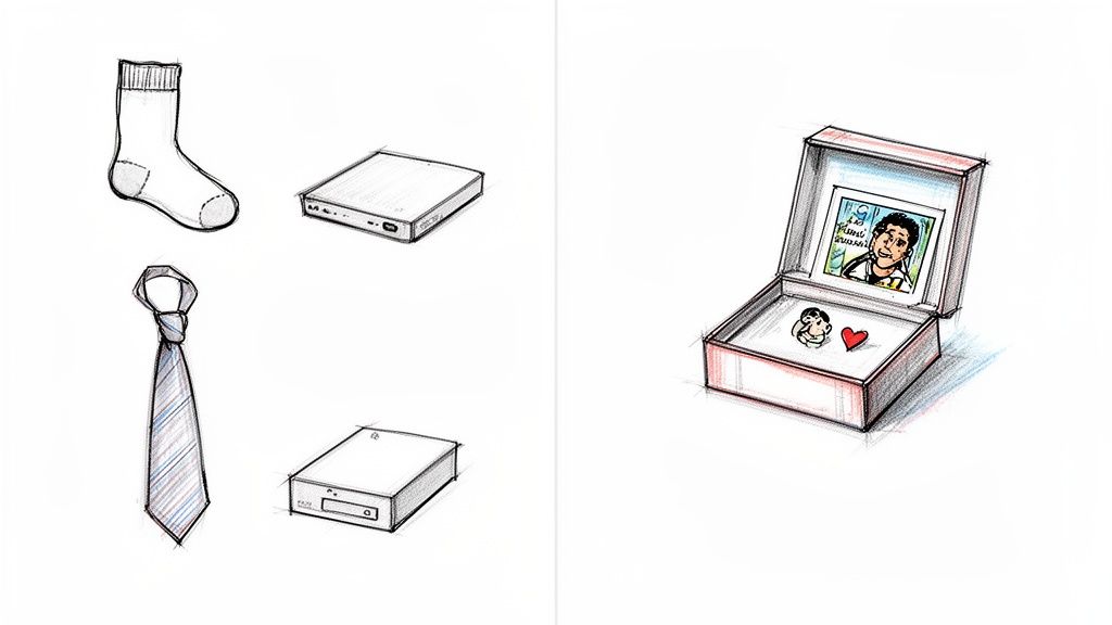 Sketches of everyday objects like a sock, tie, and electronics, plus an open gift box revealing a personalized photo and small trinkets.
