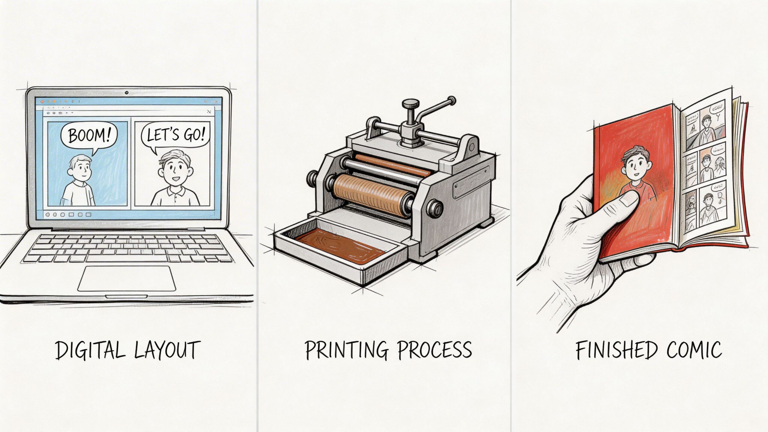 A three-part illustration showing the process of creating a personalized comic book from digital layout to printing.