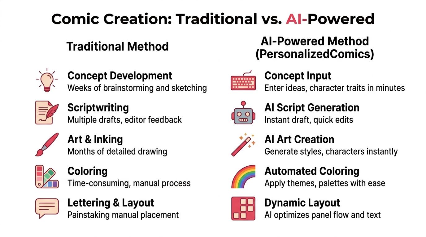 A comparison chart showing steps of traditional versus AI-powered comic creation processes from concept to layout.