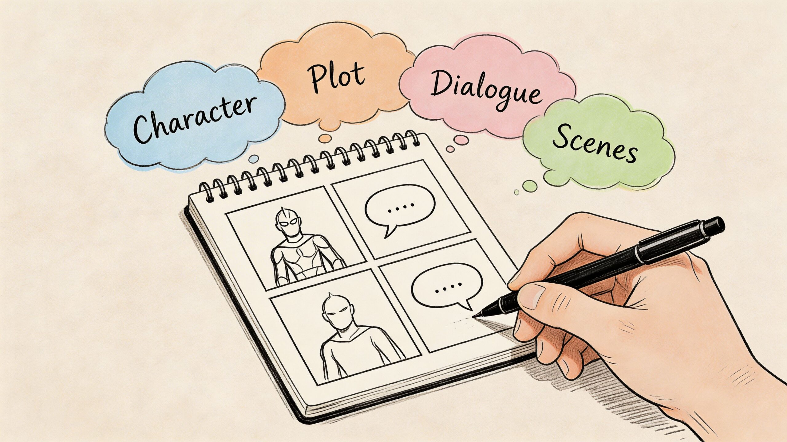 A hand drawing a comic strip in a notebook with thought bubbles about storytelling elements.