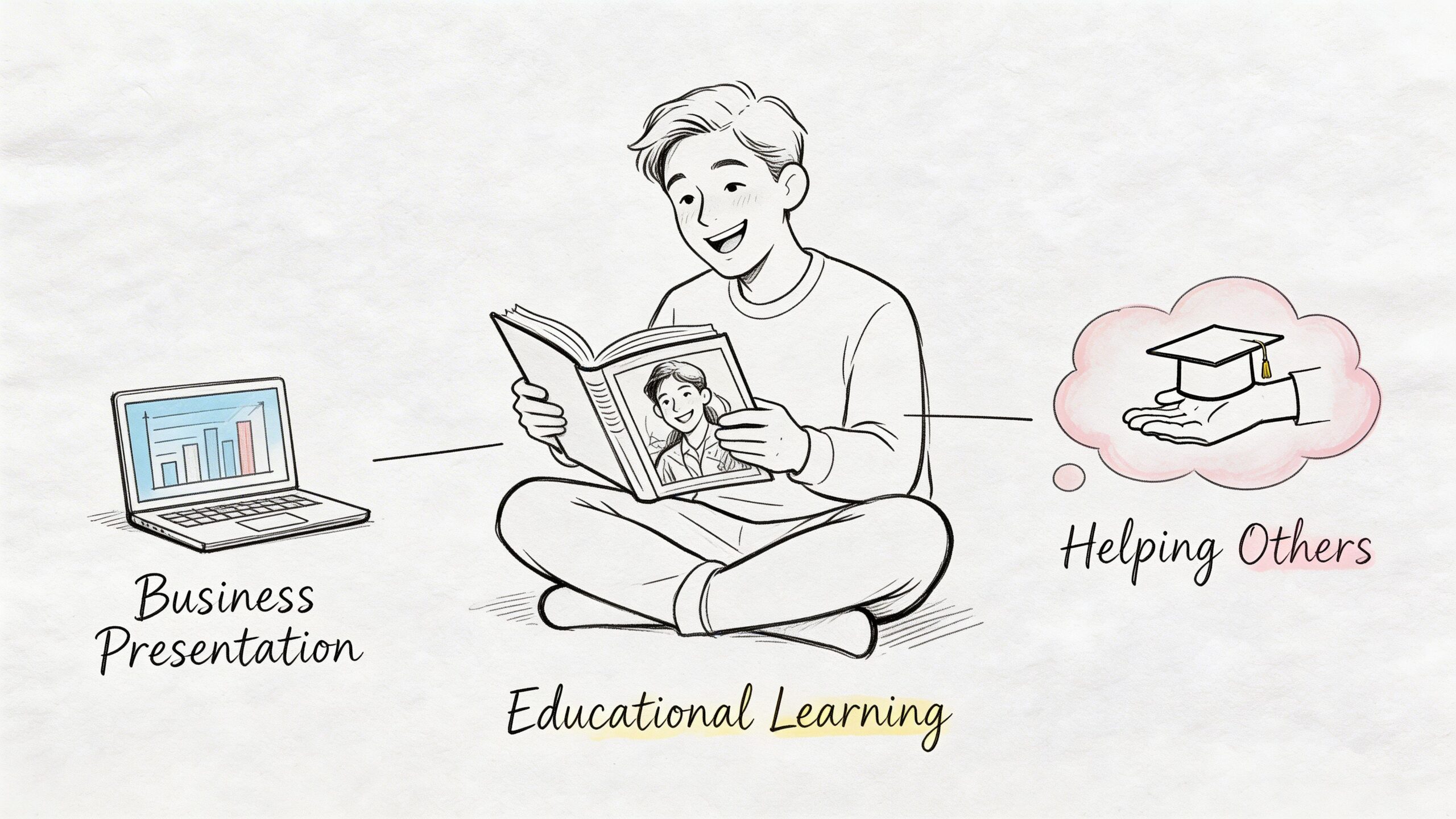 A hand-drawn illustration showing a person reading a book, representing personalized comic books and educational learning.