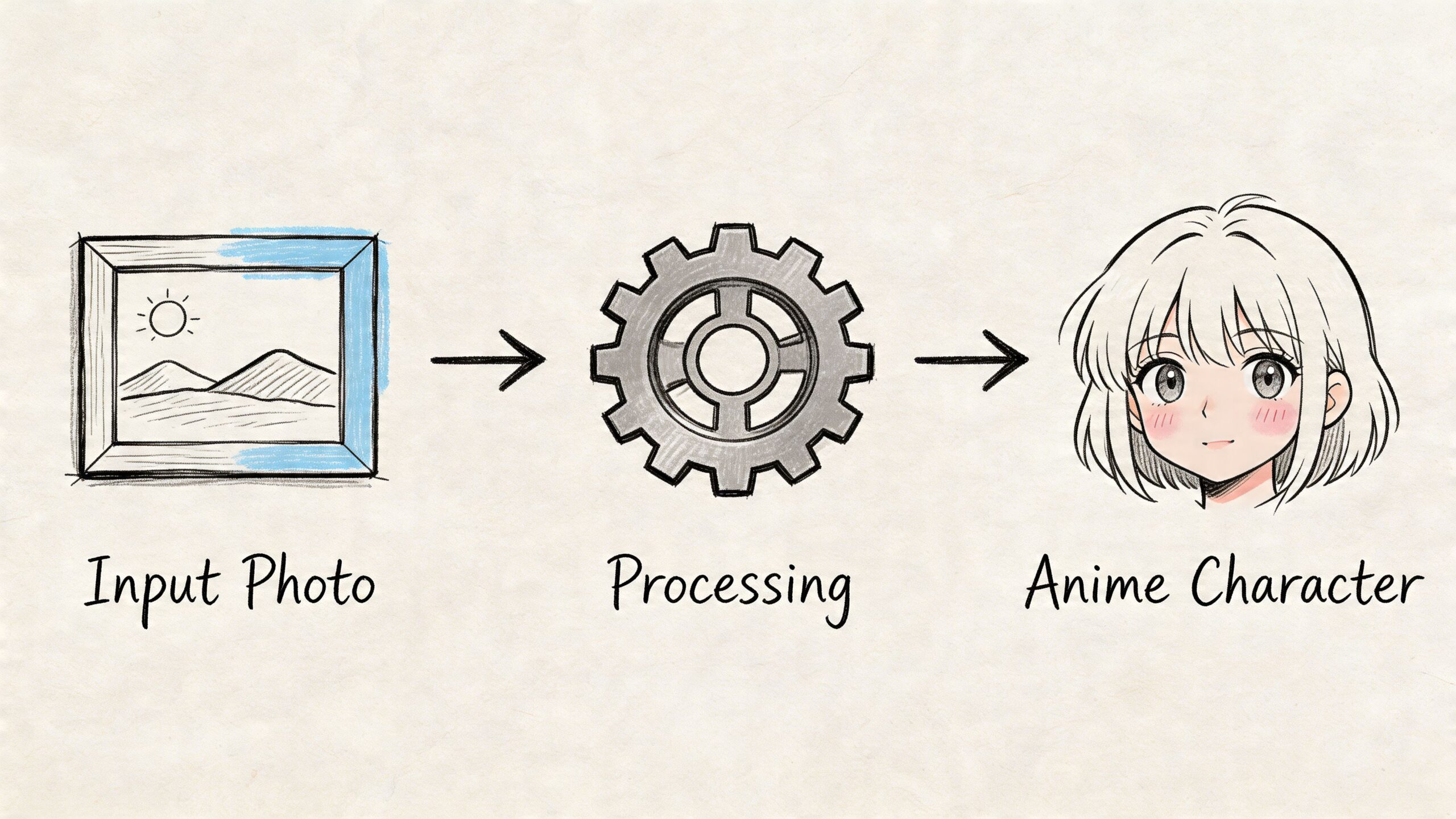 A diagram illustrating the process of converting an input photo into an anime character through digital processing.