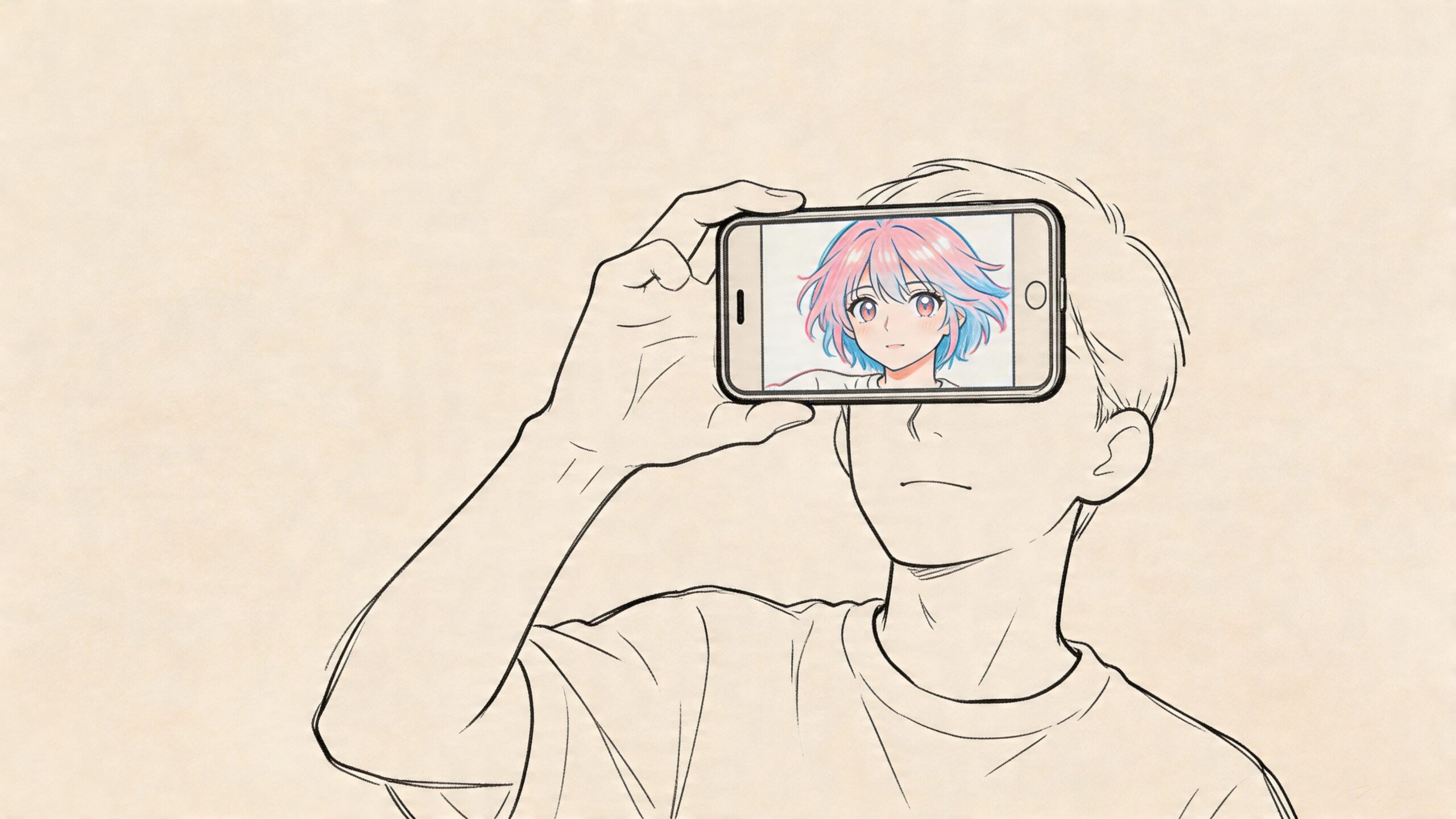 A line art sketch of a person holding a smartphone showing an anime-style character portrait.