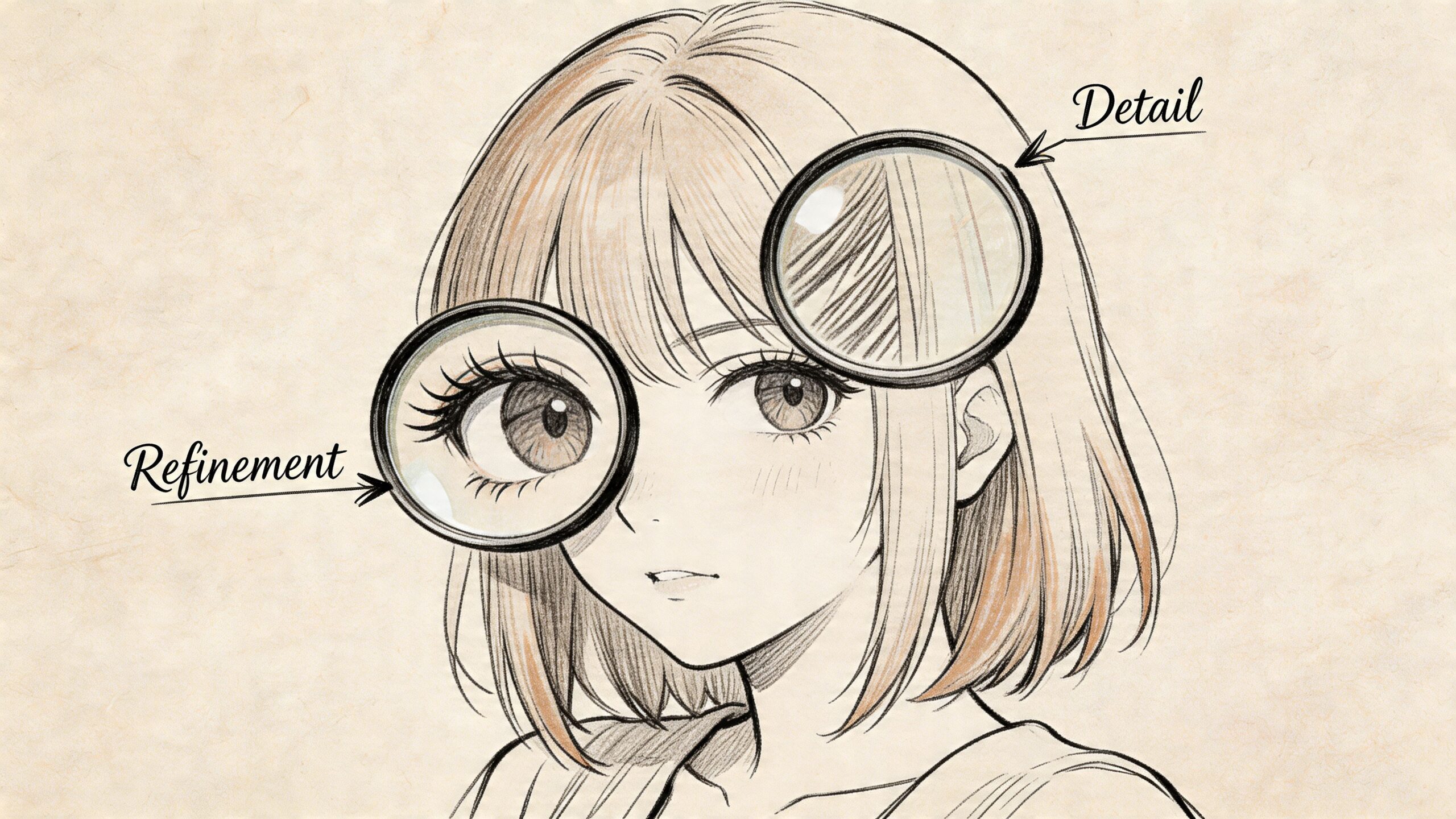 A pencil sketch of an anime-style girl with magnifying glasses focusing on her eye and hair details.