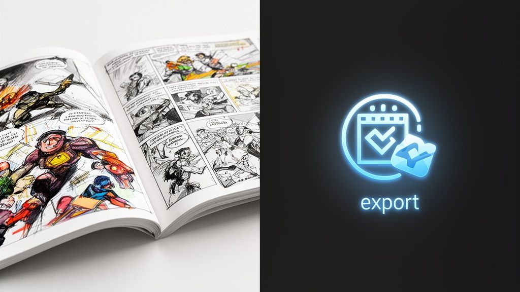 A split screen showing a physical comic book layout on the left and a digital neon export icon on the right.