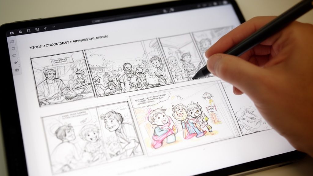 An artist drawing a storyboard comic book scene on a digital tablet with a stylus pen.