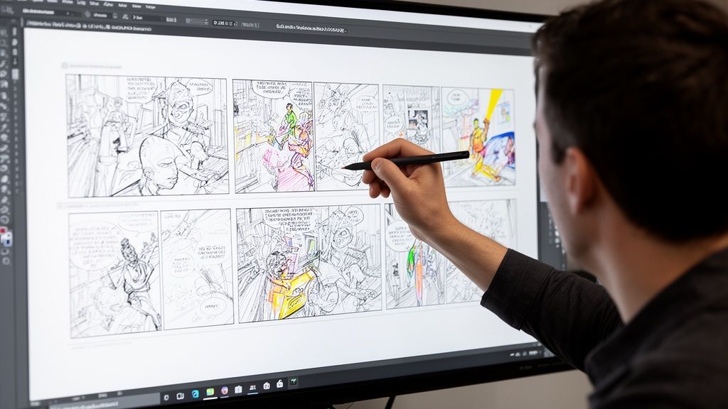 A male artist using a digital pen to illustrate comic book panels on a large computer screen.